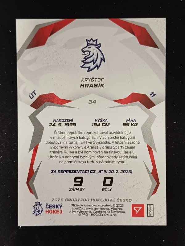 2025 Sportzoo Hokejové Česko Base 34 Kryštof Hrabík - Image 2