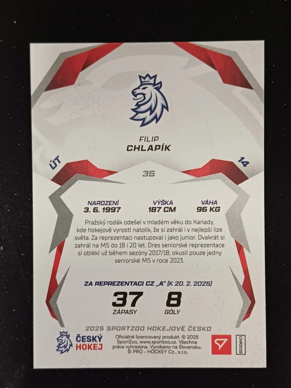 2025 Sportzoo Hokejové Česko Base 35 Filip Chlapík - Image 2