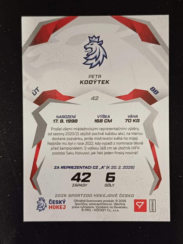 2025 Sportzoo Hokejové Česko Base 42 Petr Kodýtek - Image 2