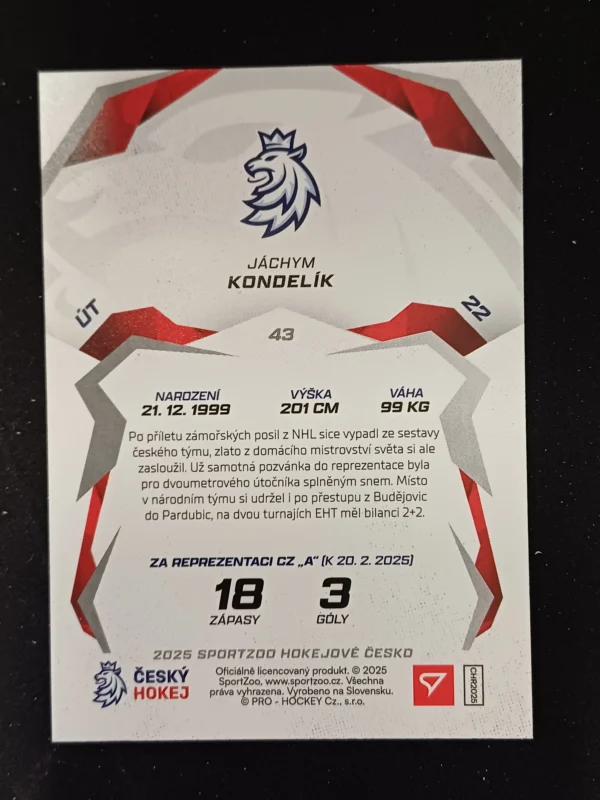 2025 Sportzoo Hokejové Česko Base 43 Jáchym Kondelík - Image 2