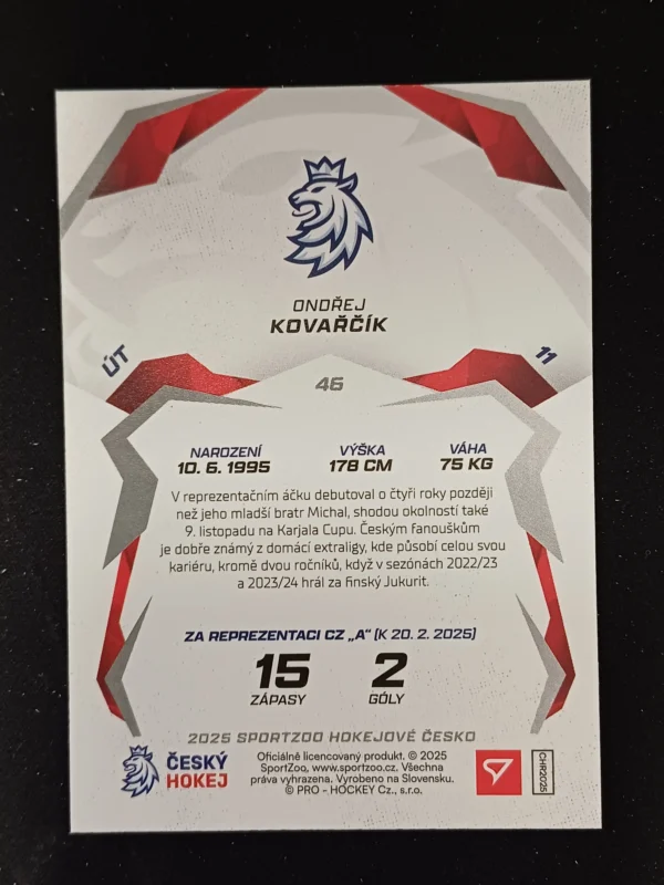 2025 Sportzoo Hokejové Česko Base 46 Ondřej Kovařčík - Image 2
