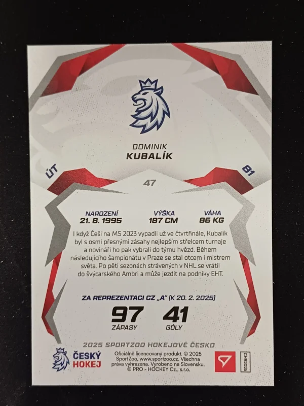2025 Sportzoo Hokejové Česko Base 47 Dominik Kubalík - Image 2