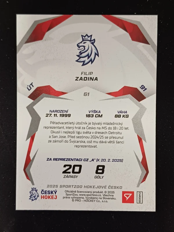 2025 Sportzoo Hokejové Česko Base 61 Filip Zadina - Image 2