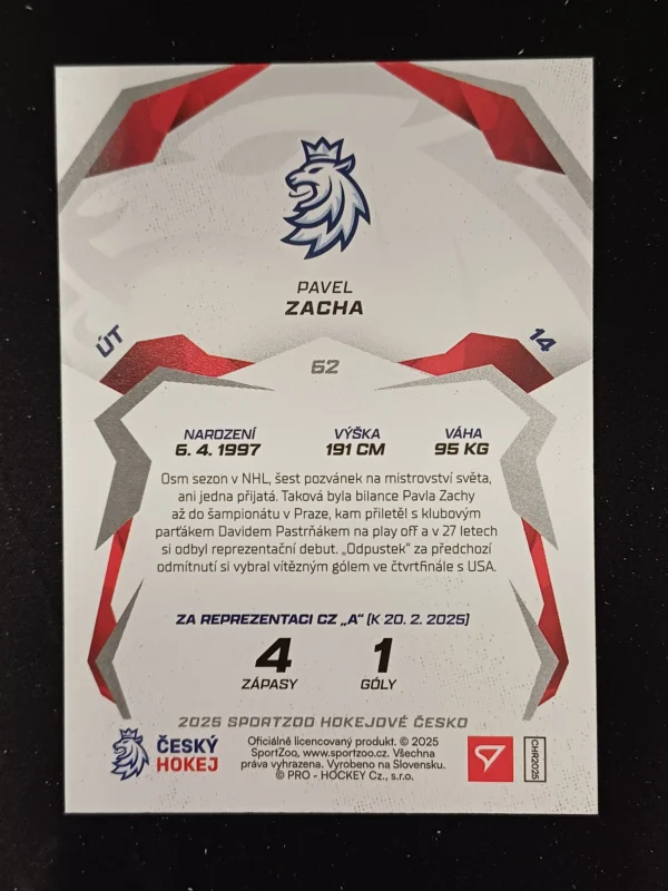 2025 Sportzoo Hokejové Česko Base 62 Pavel Zacha - Image 2