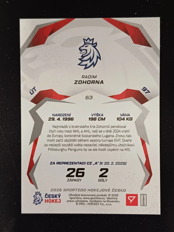 2025 Sportzoo Hokejové Česko Base 63 Radim Zohorna - Image 2