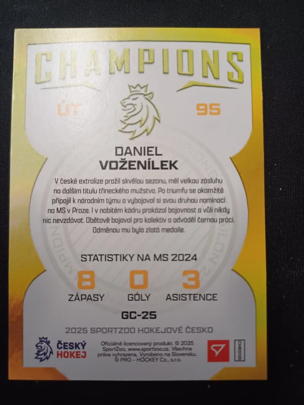 2025 Sportzoo Hokejové Česko Champions 2024 GC-25 Daniel Voženílek Inzert - Image 2