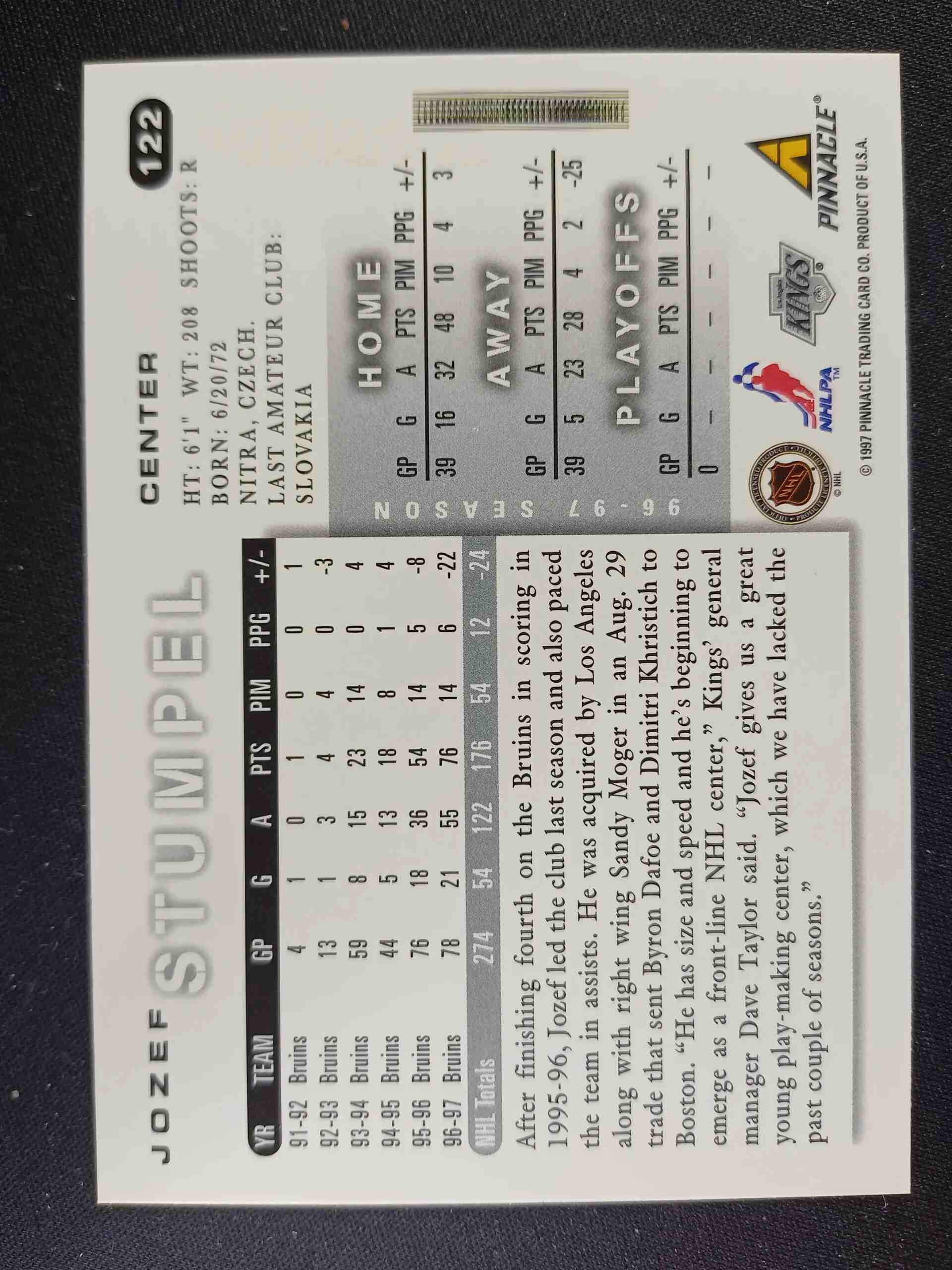 1997/1998 Pinnacle Score Base 122 Jozef Stumpel - Obrázek 2