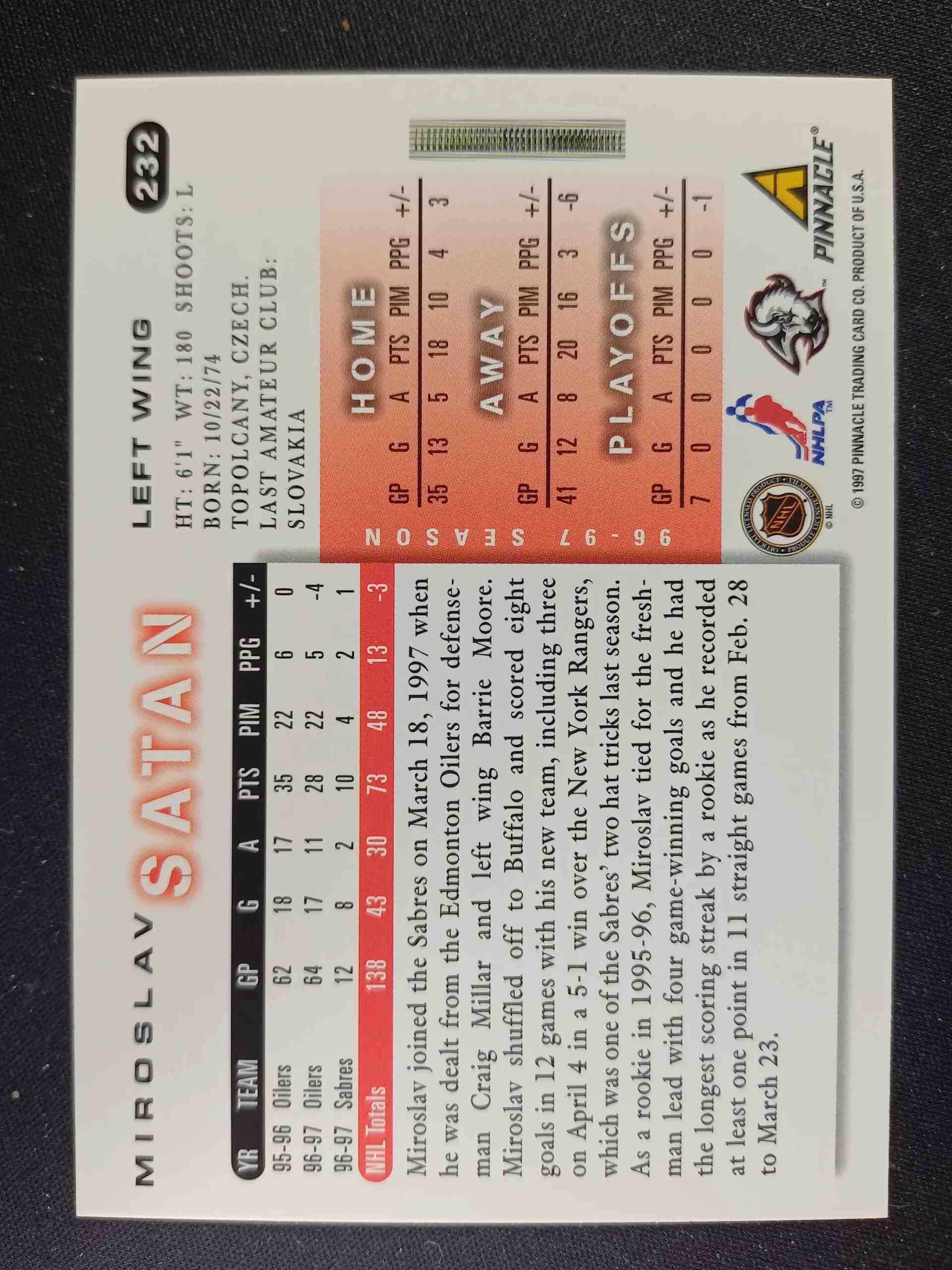 1997/1998 Pinnacle Score Base 232 Miroslav Satan - Obrázek 2