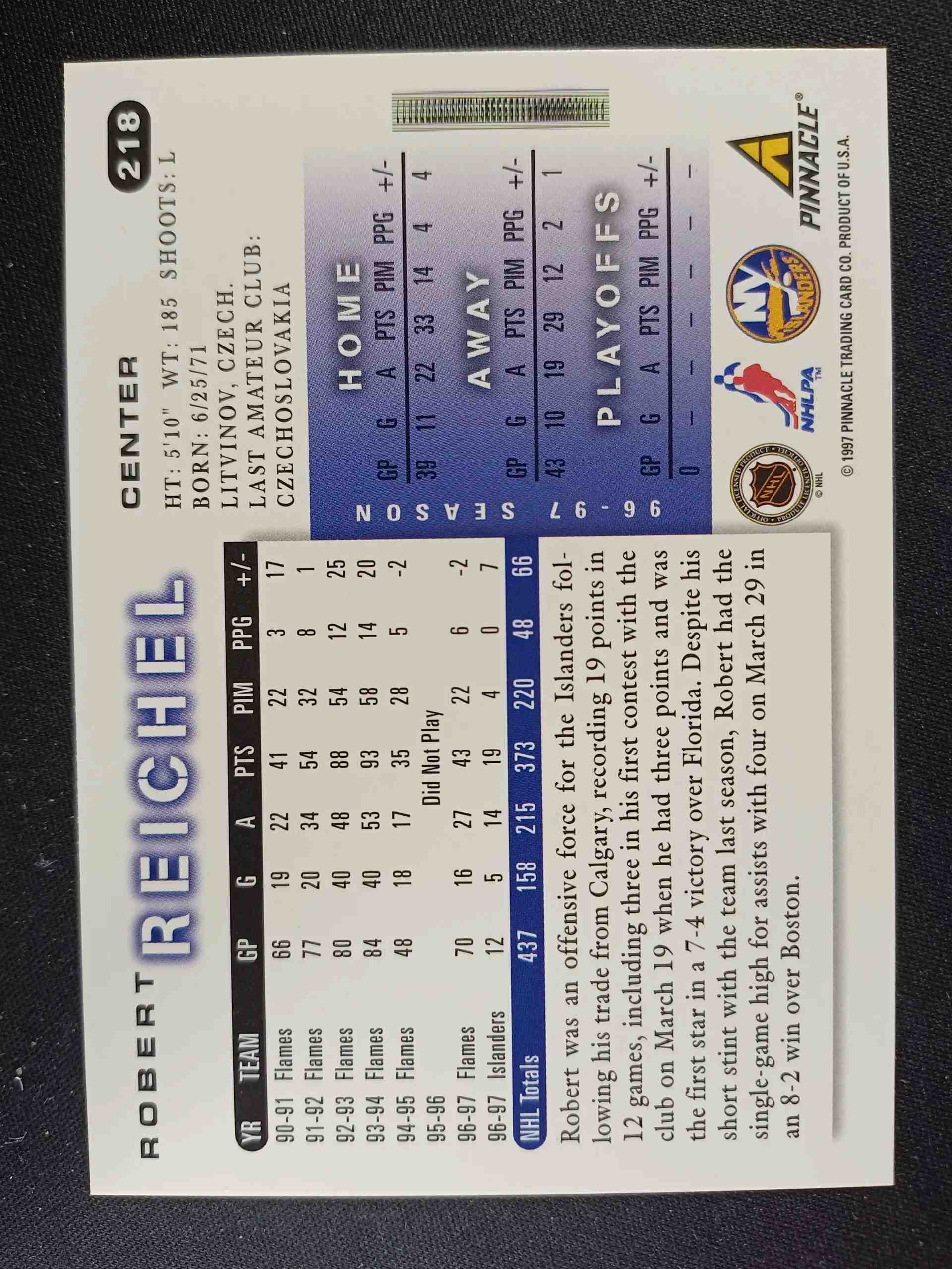 1997/1998 Pinnacle Score Base 218 Robert Reichel - Obrázek 2