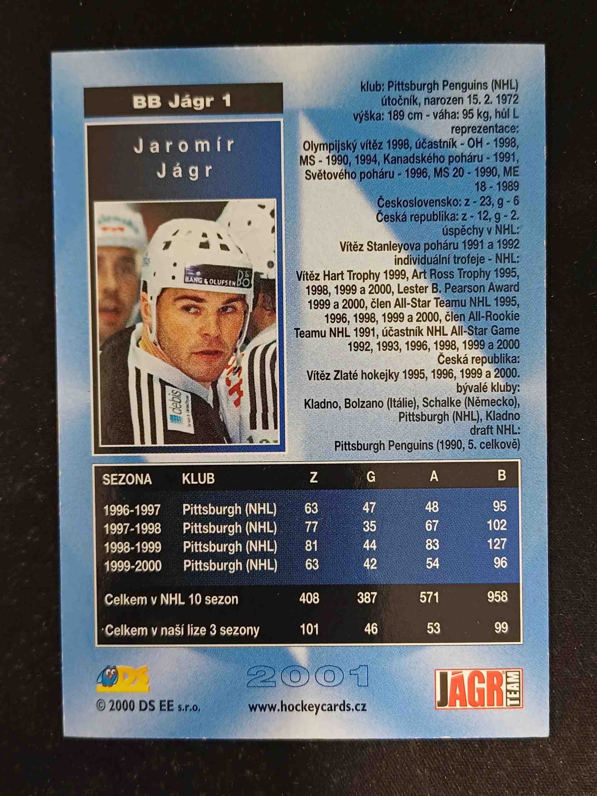 2000/2001 DS Cards Best of the Best BB Jágr 1 Jaromír Jágr Inzert - Obrázek 2