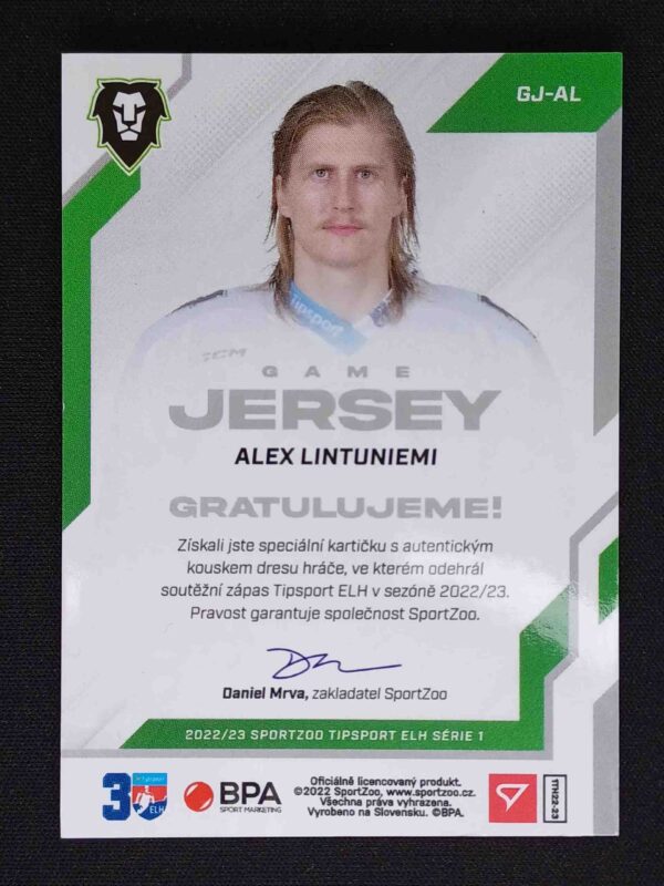 2022/2023 Sportzoo Serie 1 Game Jersey GJ-AL Alex Lintuniemi Jersey 28/99 - Image 2