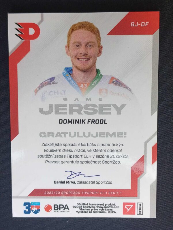 2022/2023 Sportzoo Serie 1 Game Jersey GJ-DF Dominik Frodl Jersey 82/99 - Image 2