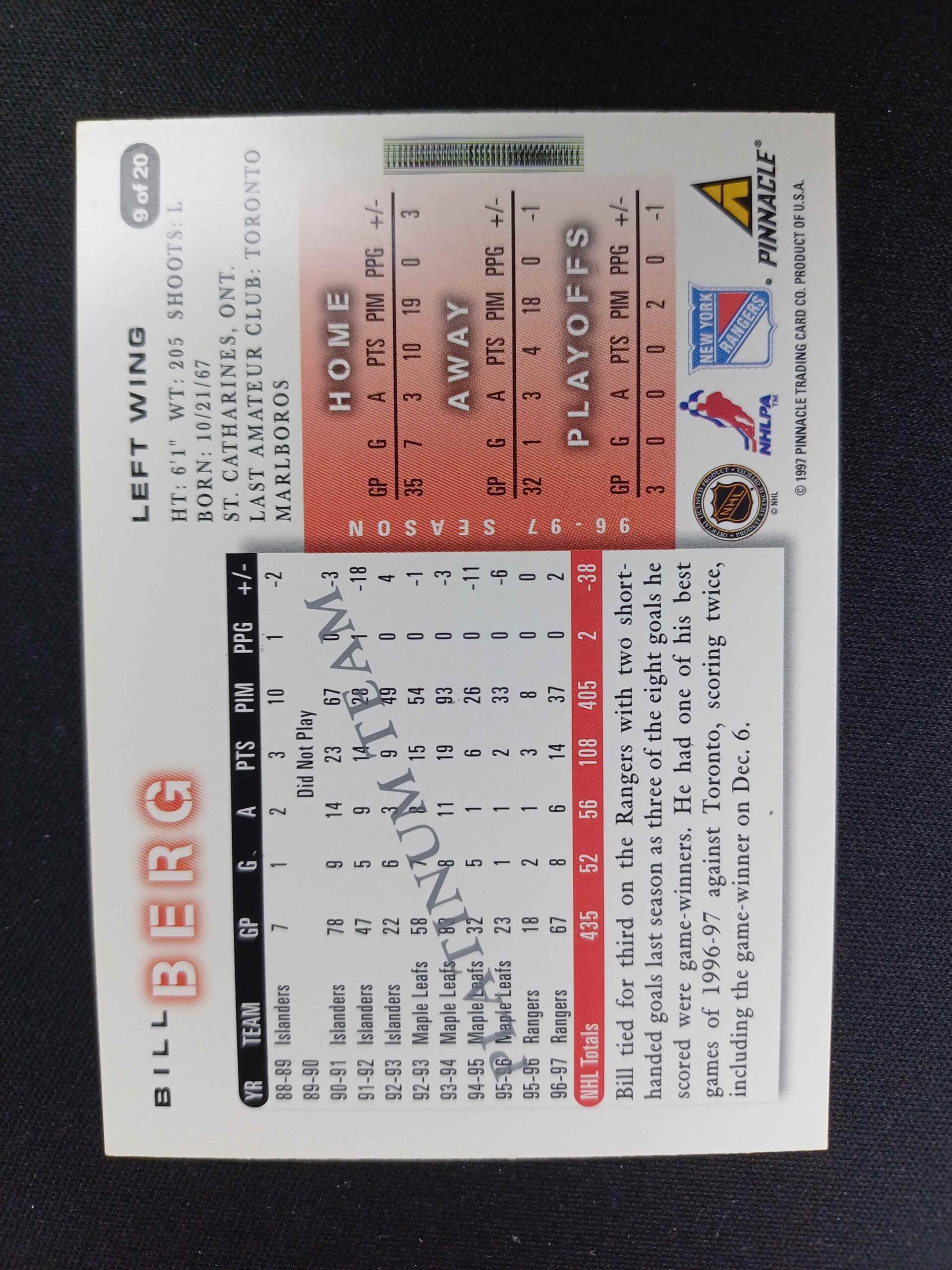 1997/1998 Pinnacle Score team set New York Rangers Platinum Team 09 of 20 Bill Berg Paralel - Obrázek 2