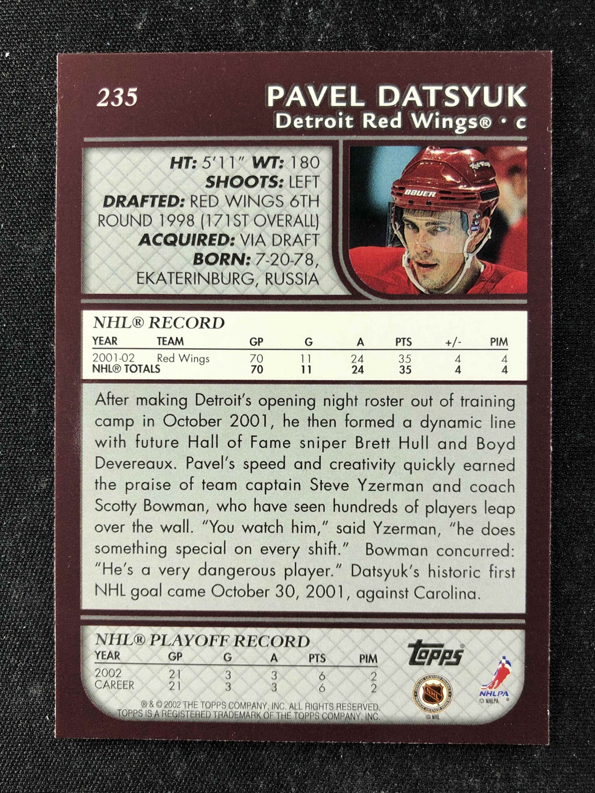 2002/2003 Topps Base 235 Pavel Datsyuk - Obrázek 2