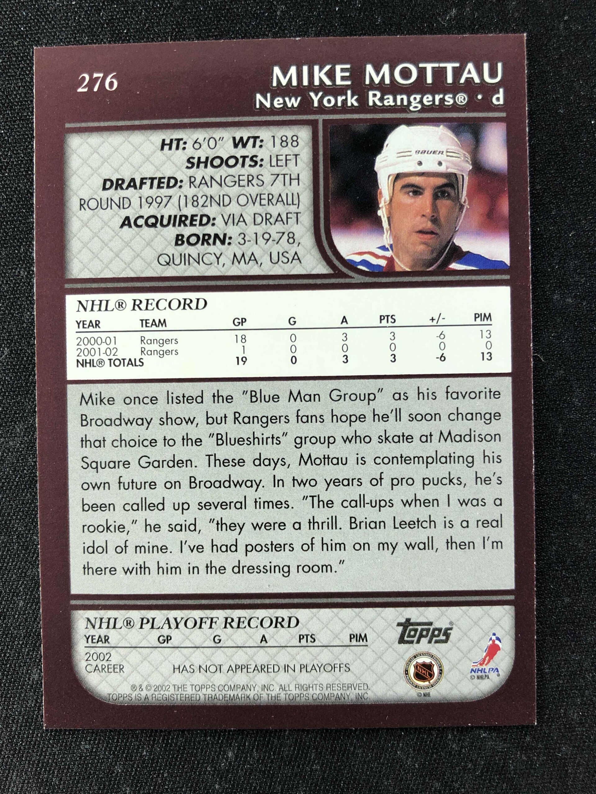 2002/2003 Topps Base 276 Mike Mottau - Obrázek 2