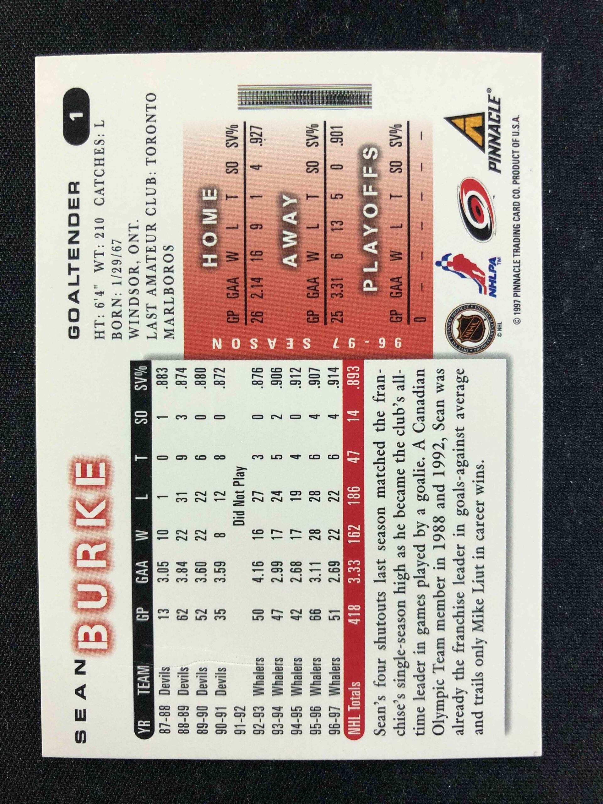 1997/1998 Pinnacle Score Base 1 Sean Burke - Obrázek 2