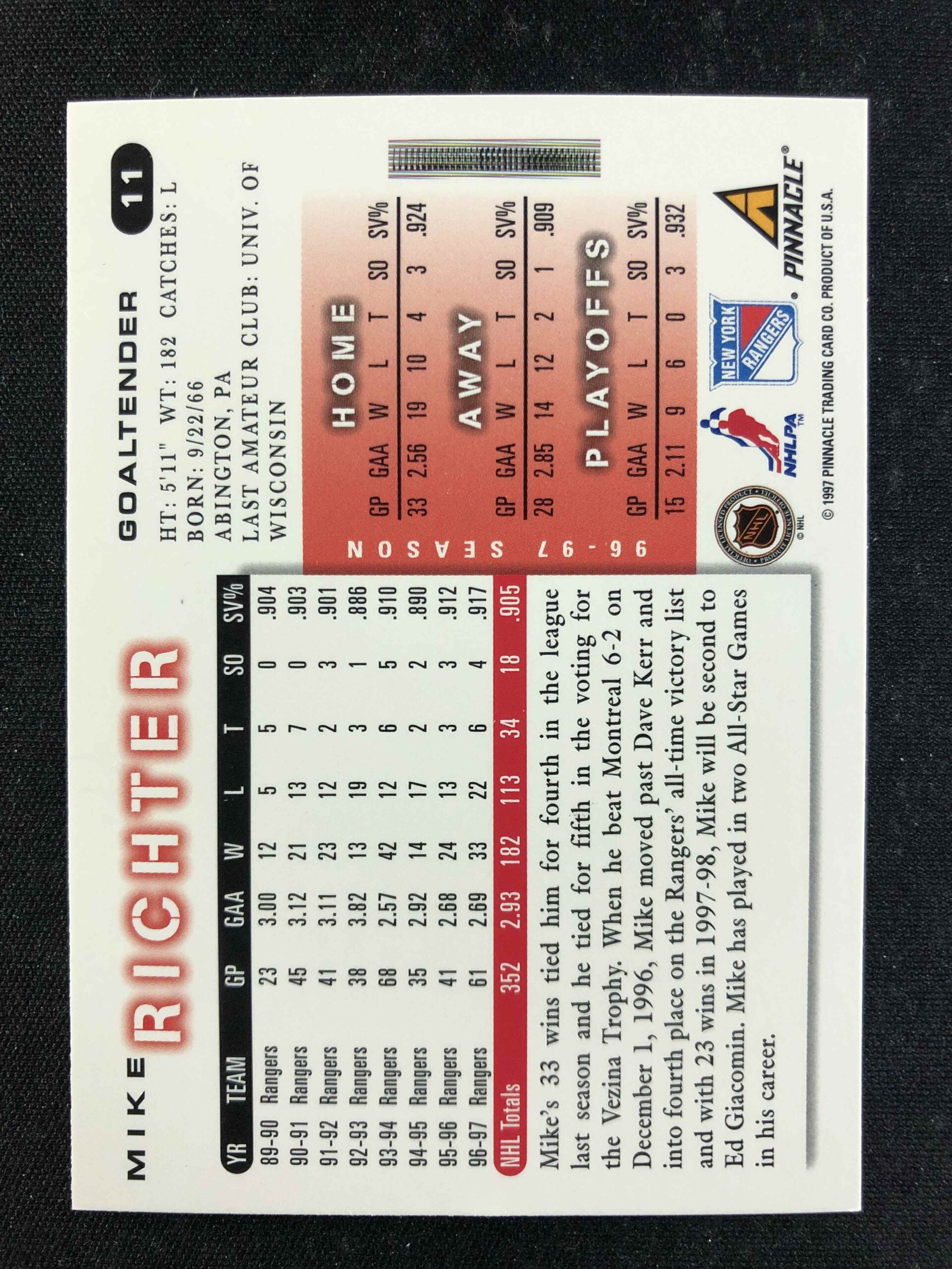 1997/1998 Pinnacle Score Base 11 Mike Richter - Obrázek 2