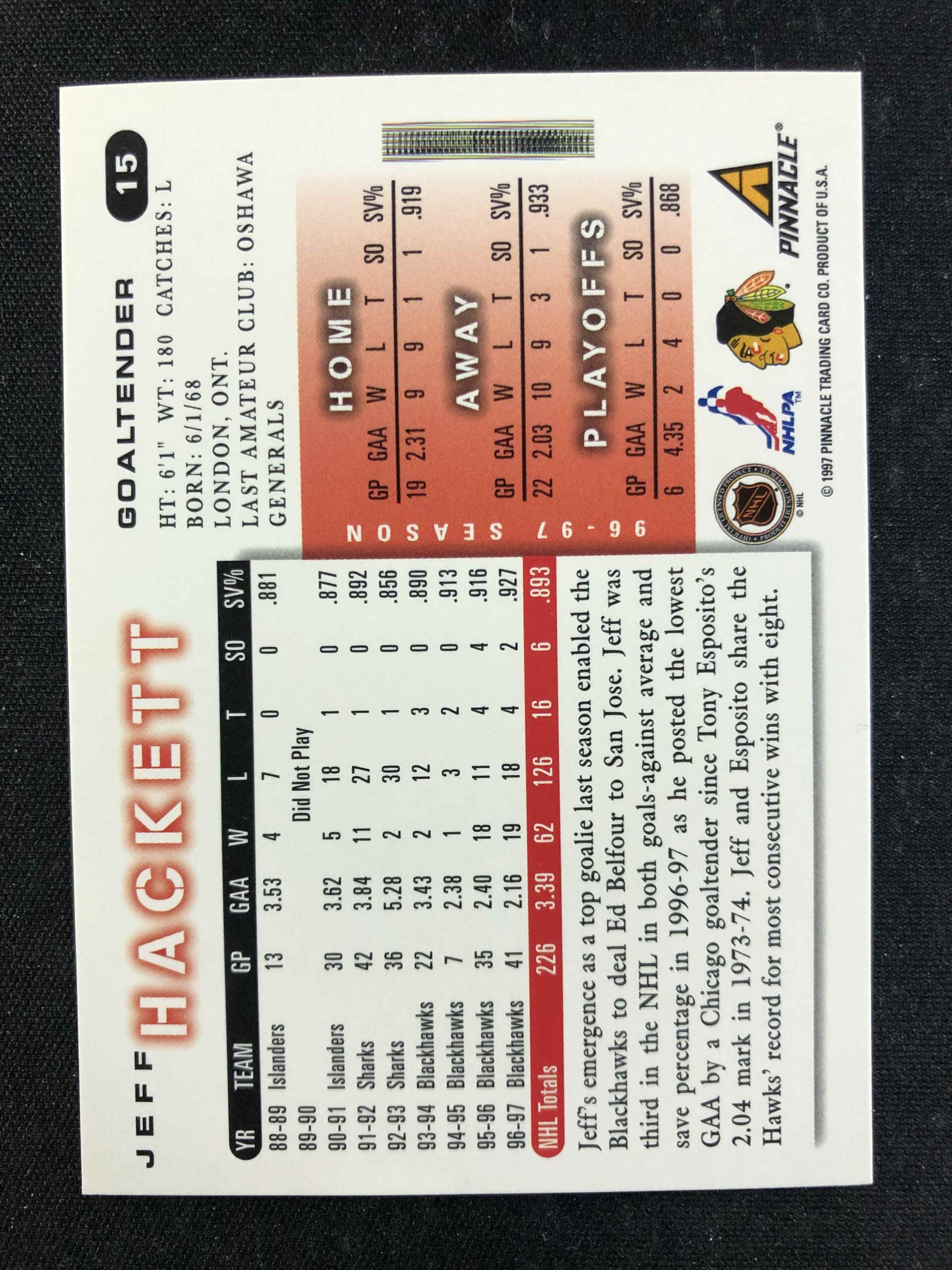 1997/1998 Pinnacle Score Base 15 Jeff Hackett - Obrázek 2