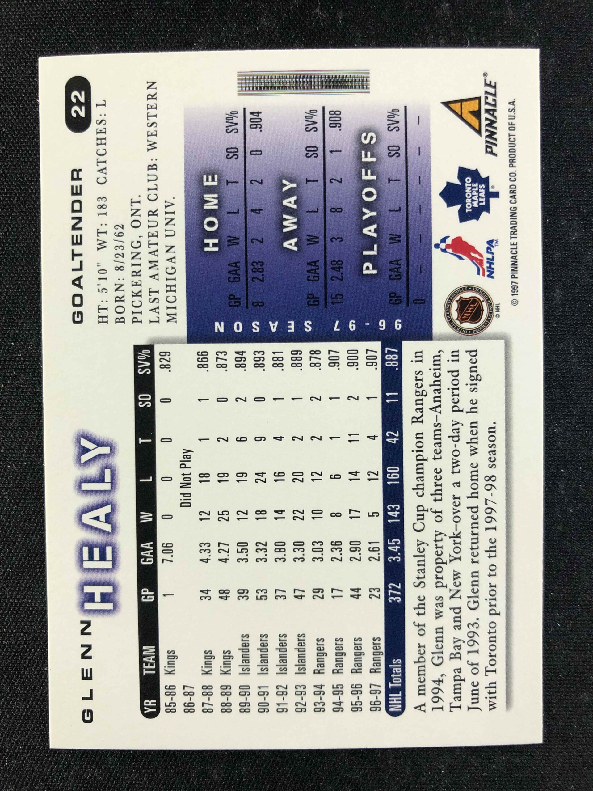 1997/1998 Pinnacle Score Base 22 Glenn Healy - Obrázek 2