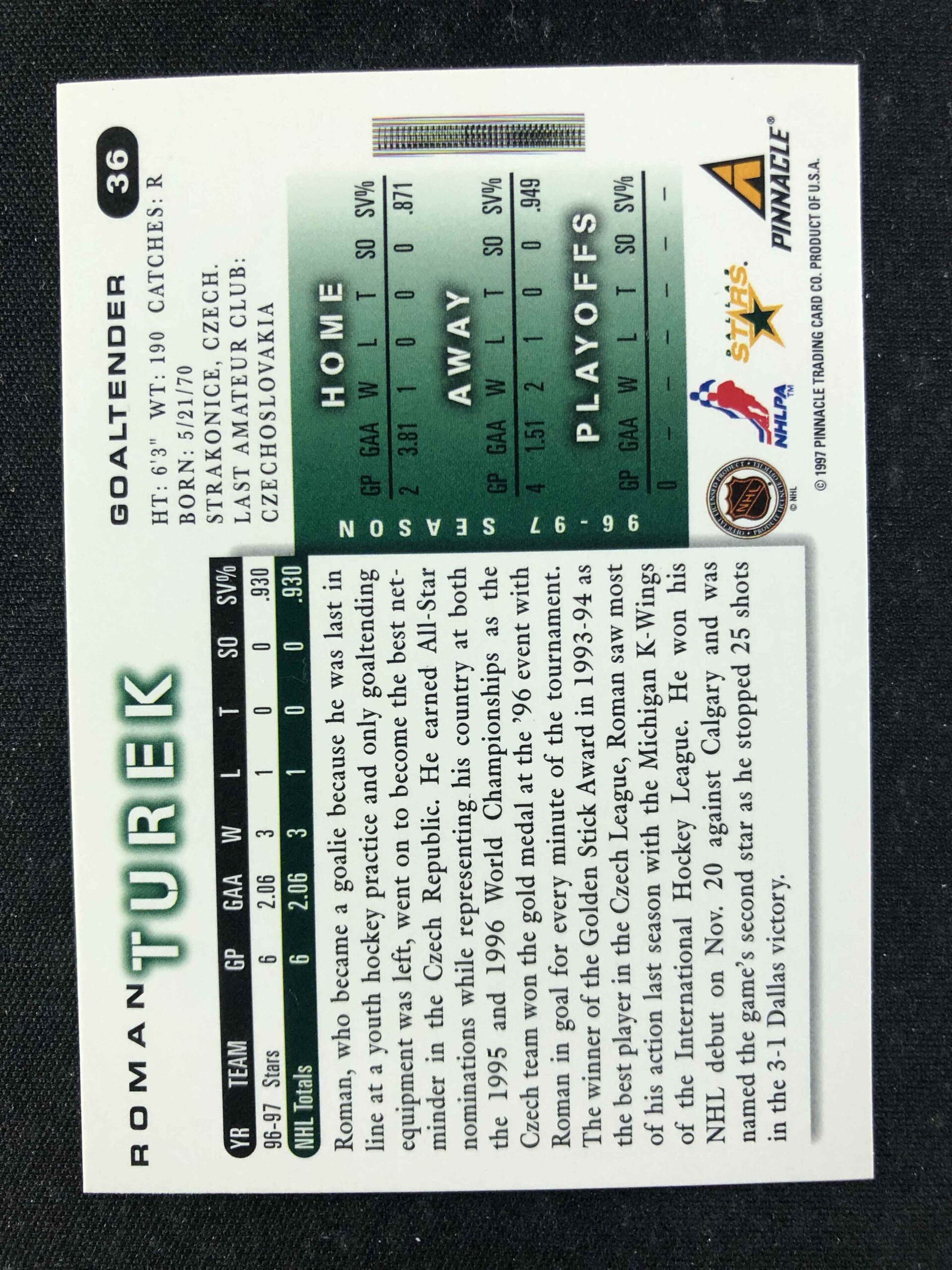 1997/1998 Pinnacle Score Base 36 Roman Turek - Obrázek 2