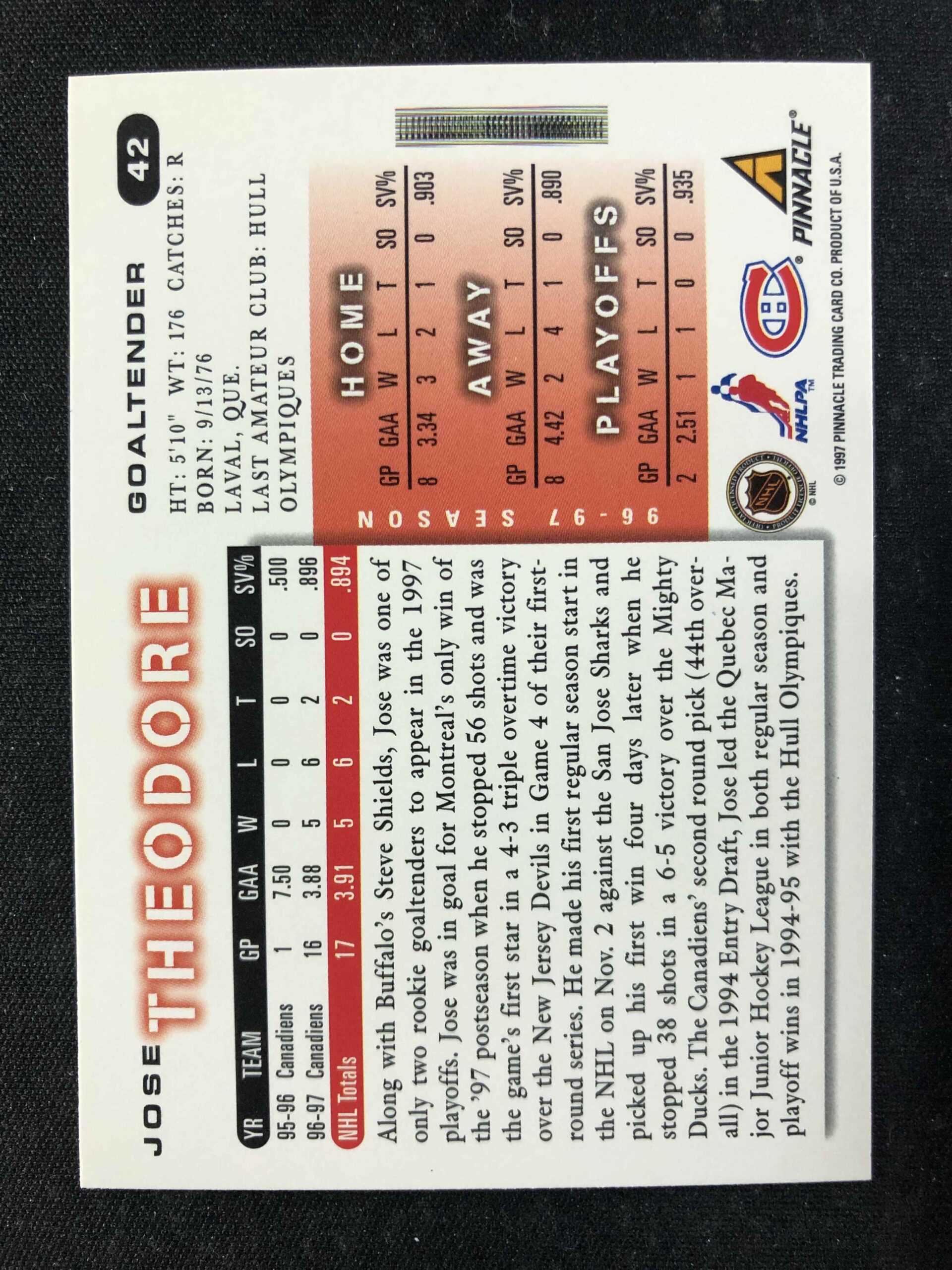 1997/1998 Pinnacle Score Base 42 Jose Theodore - Obrázek 2