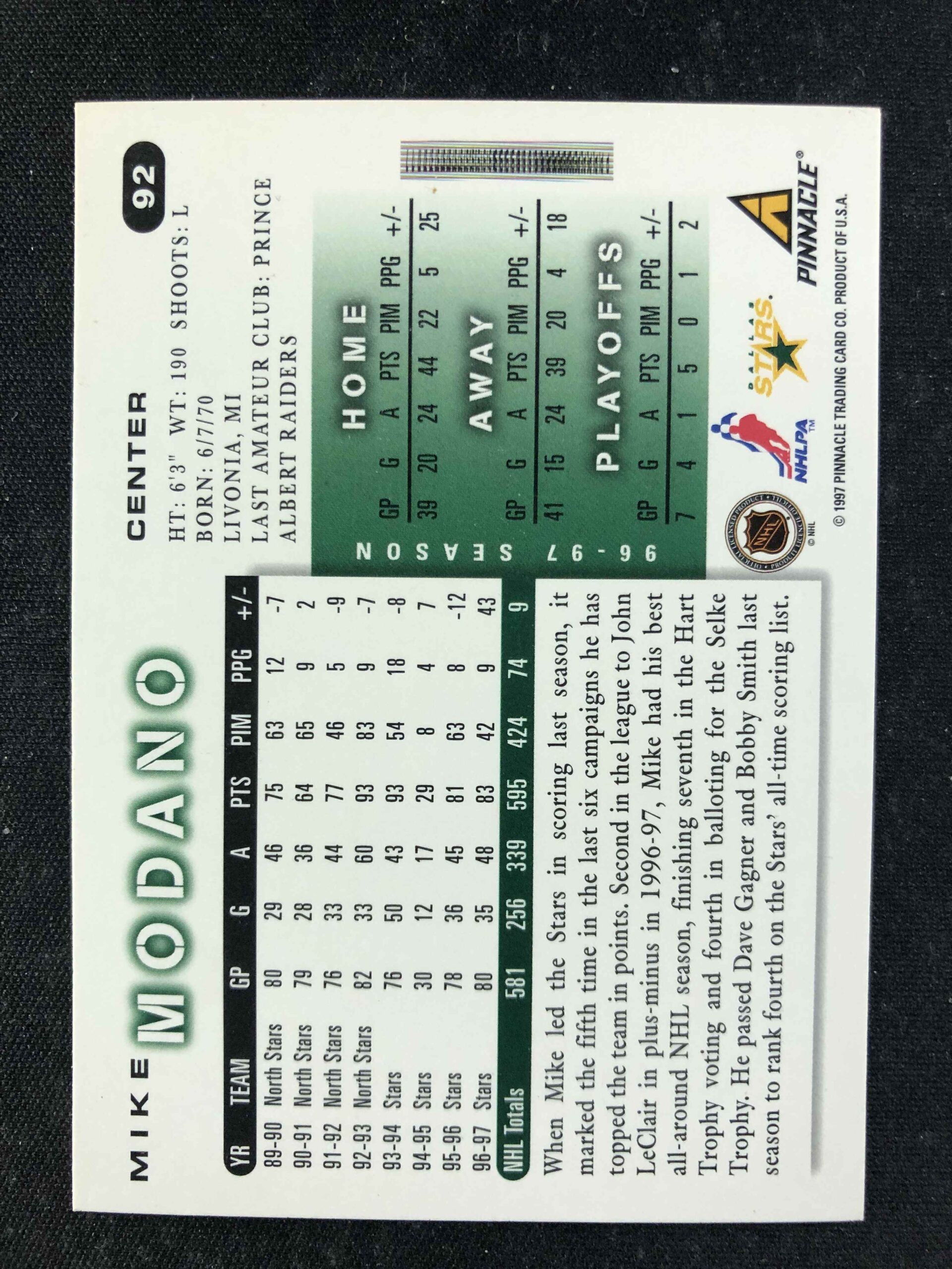1997/1998 Pinnacle Score Base 92 Mike Modano - Obrázek 2