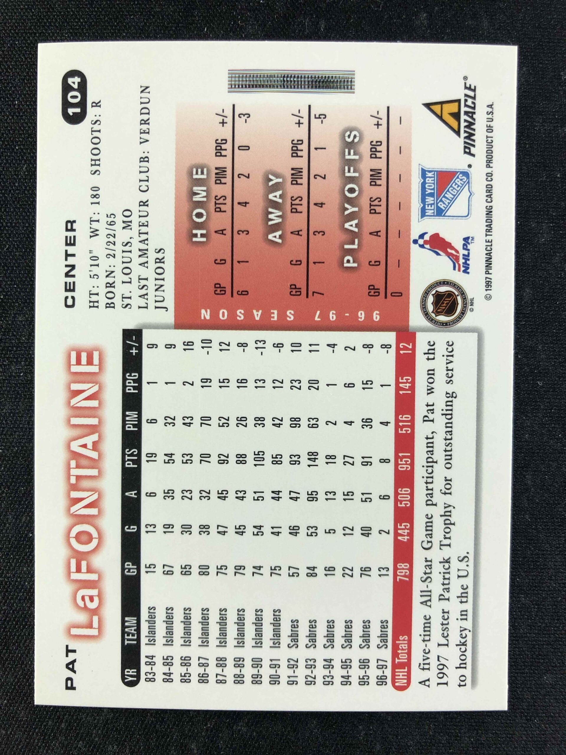 1997/1998 Pinnacle Score Base 104 Pat LaFontaine - Obrázek 2