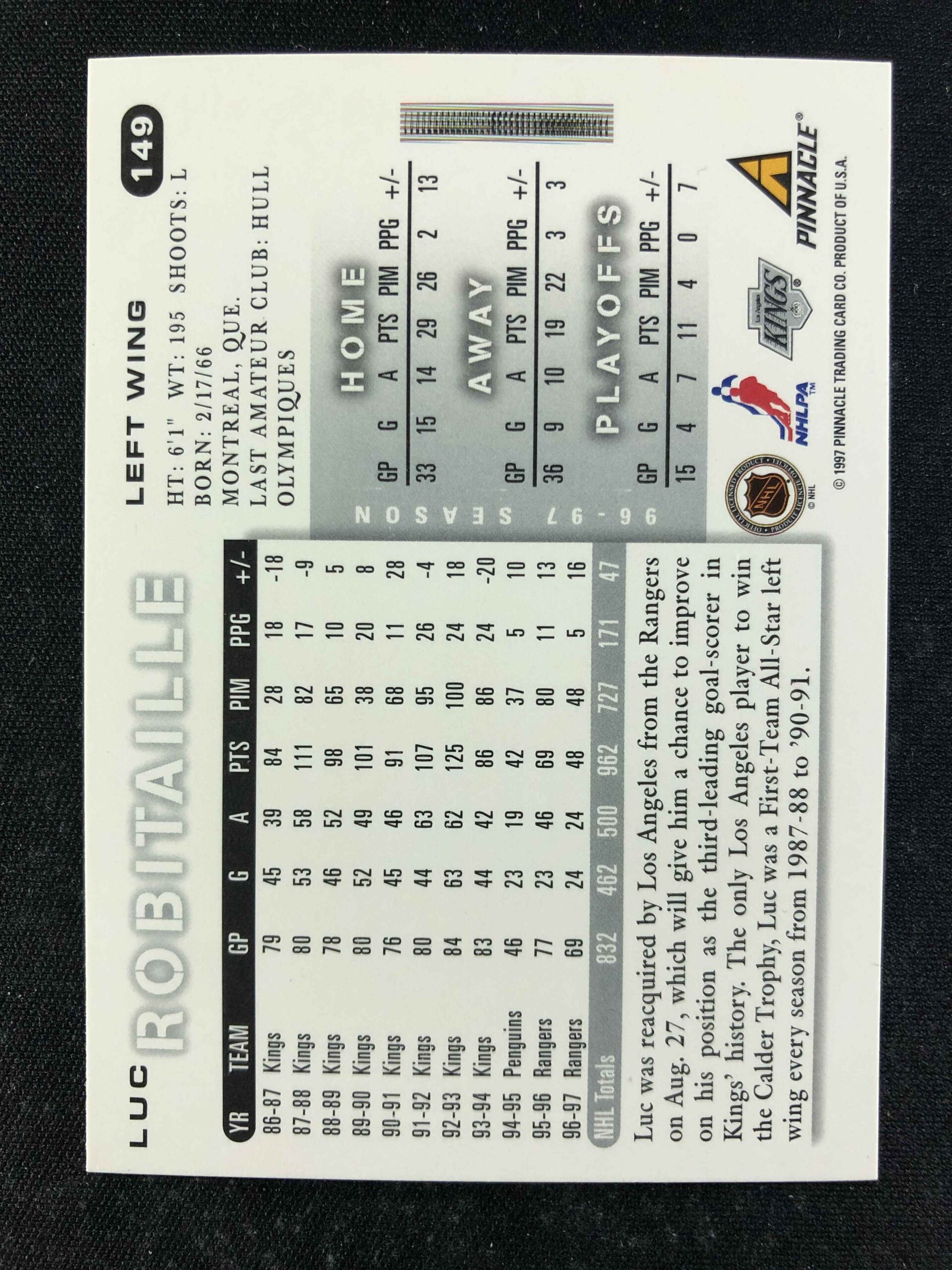 1997/1998 Pinnacle Score Base 149 Luc Robitaille - Obrázek 2