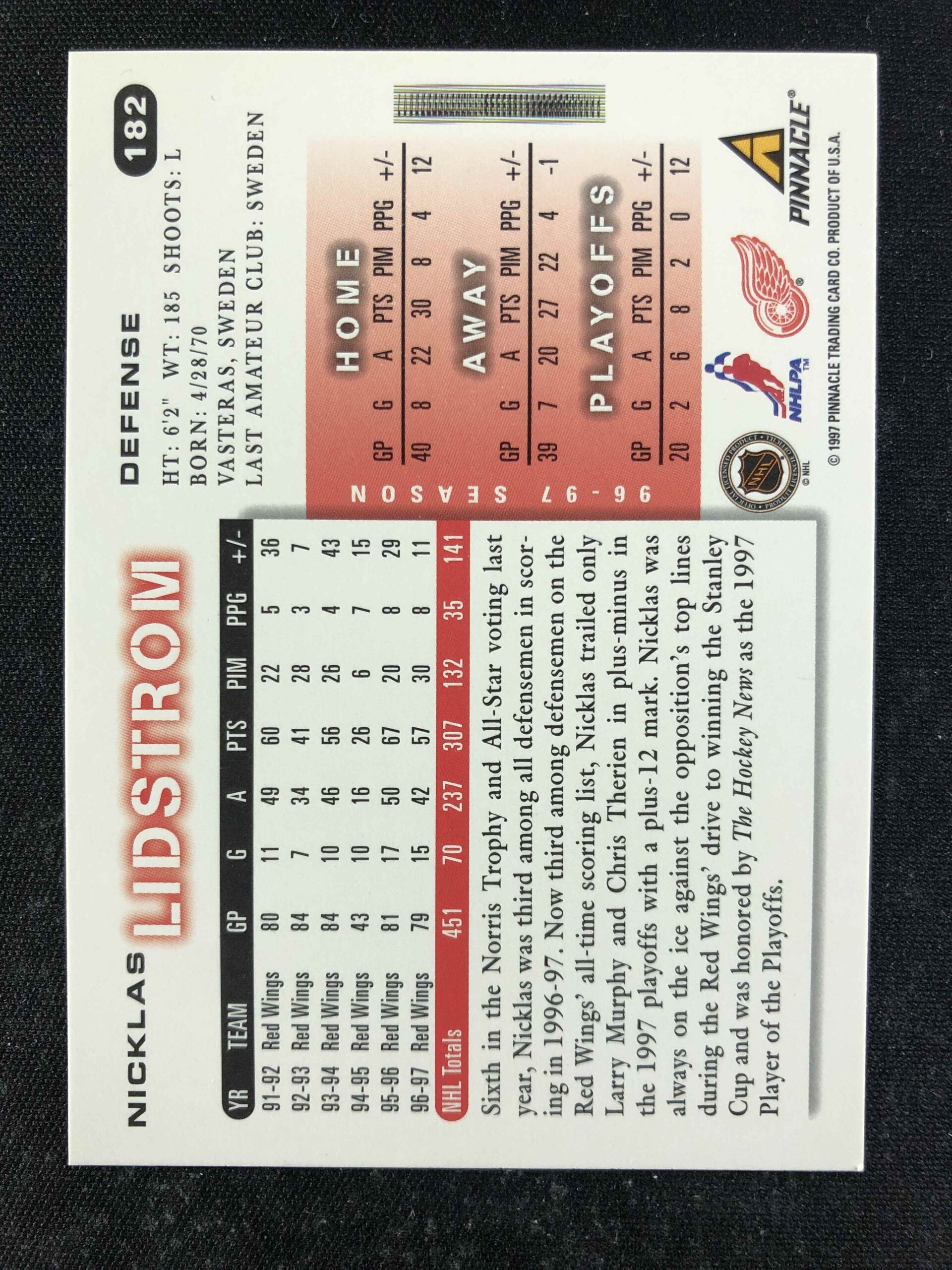 1997/1998 Pinnacle Score Base 182 Nicklas Lidstrom - Obrázek 2