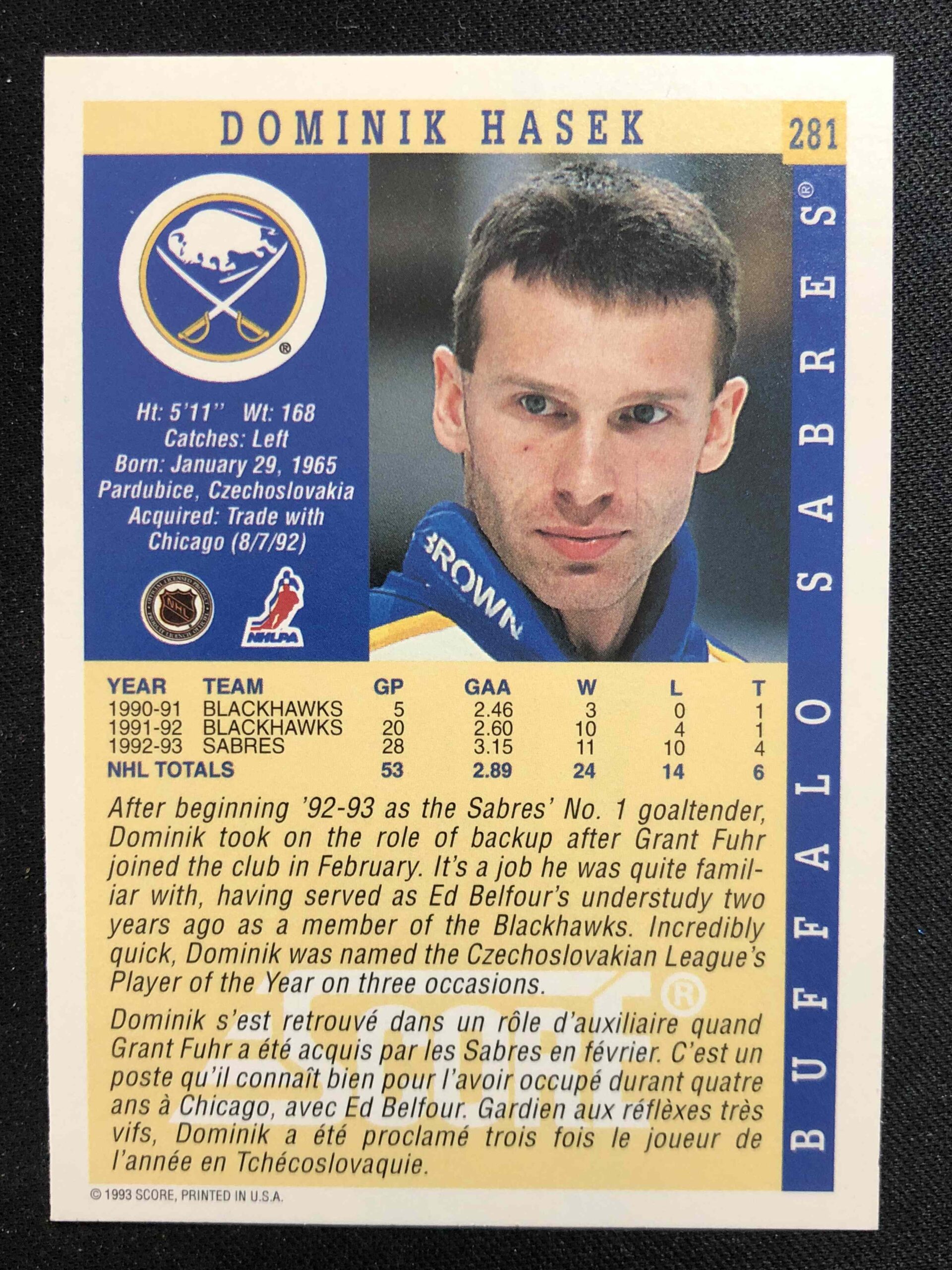 1993/1994 Score Base 281 Dominik Hašek - Obrázek 2