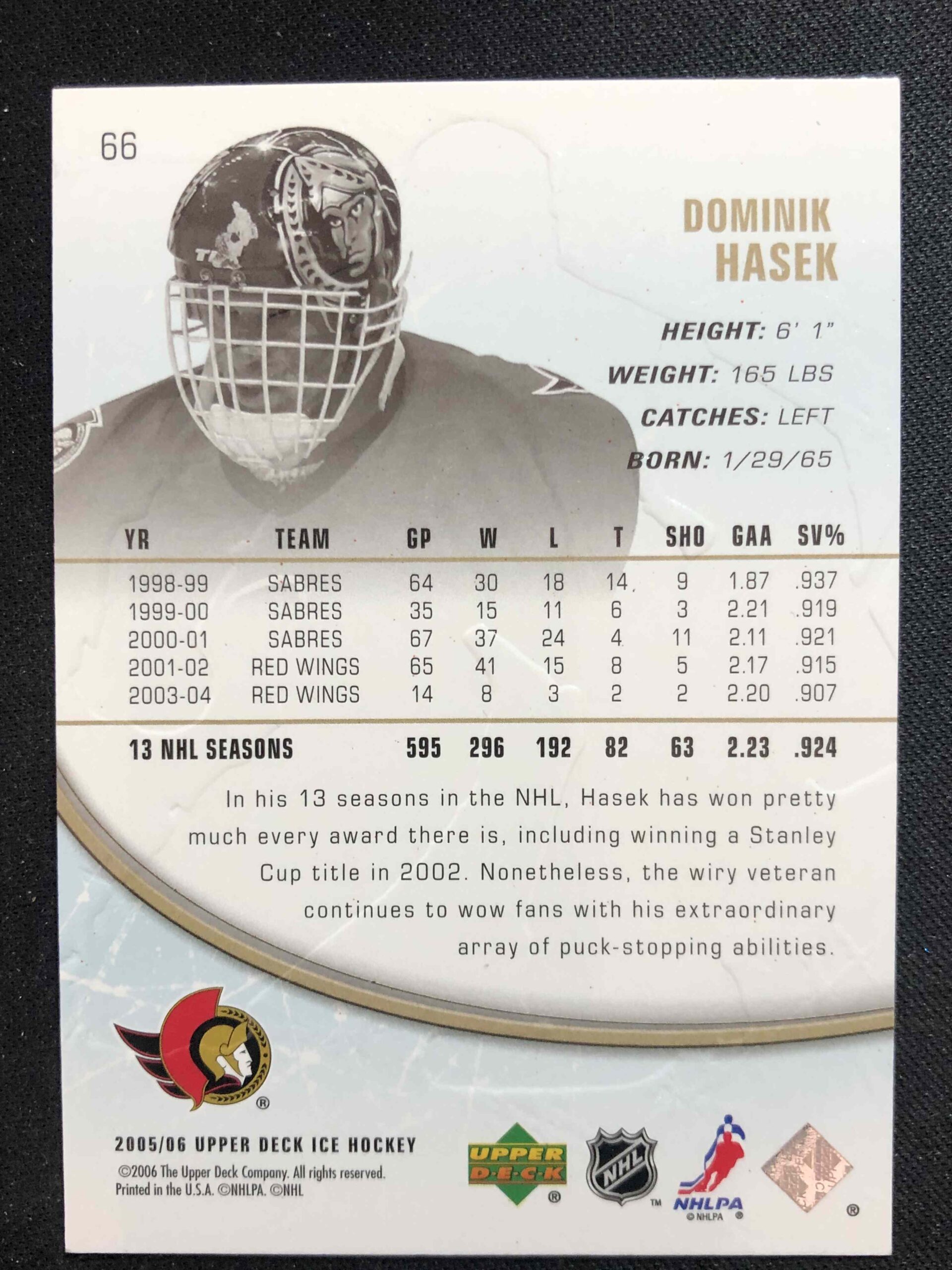 2005/2006 Upper Deck Ice Base 66 Dominik Hašek - Obrázek 2