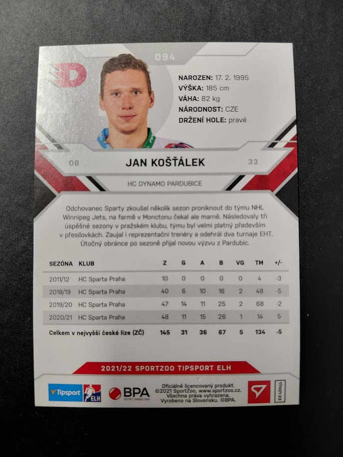2021/2022 Sportzoo Serie 1 Base 94 Jan Košťálek - Obrázek 2