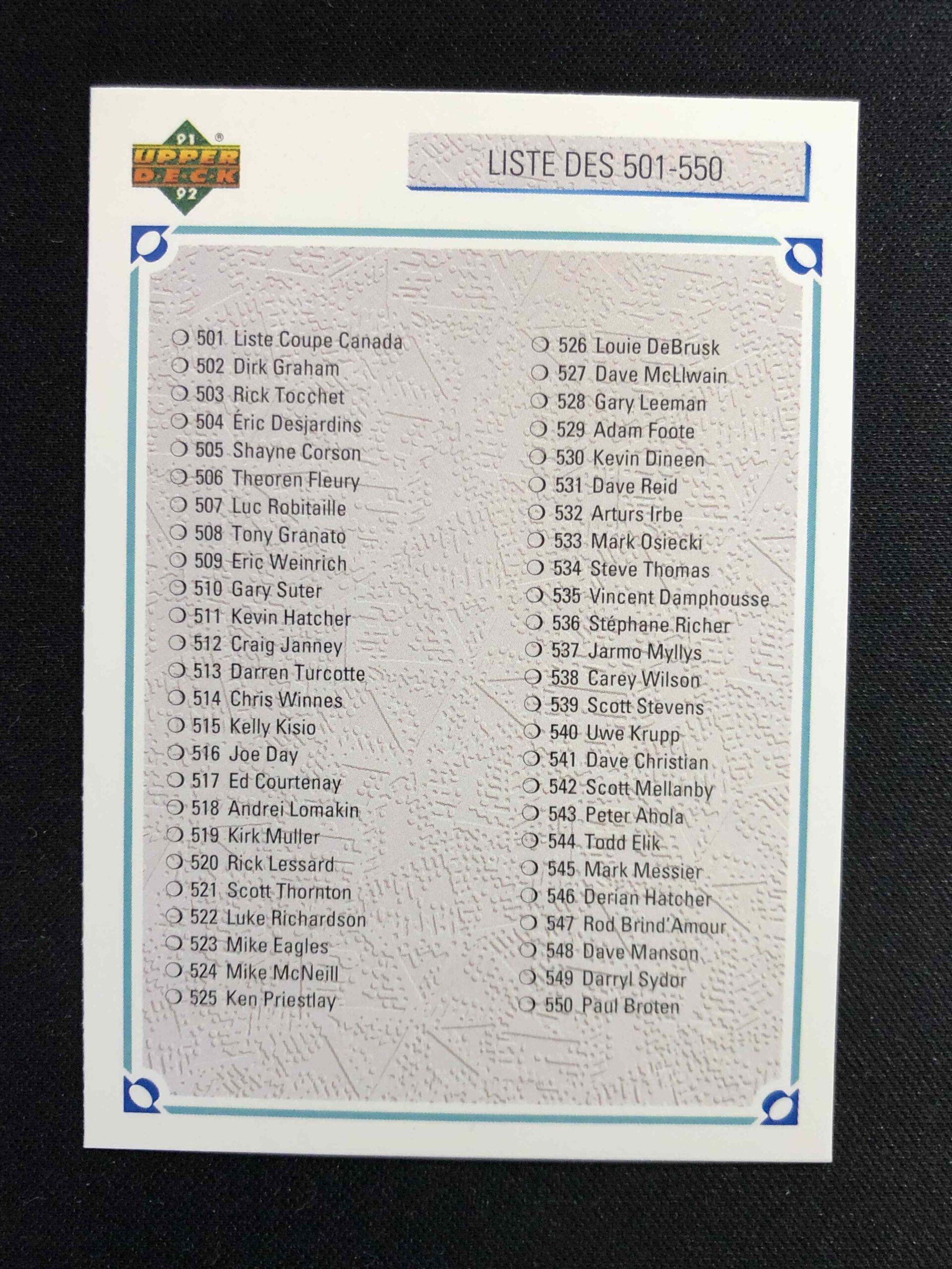 1991/1992 Upper Deck High Series French Base 600 Checklist