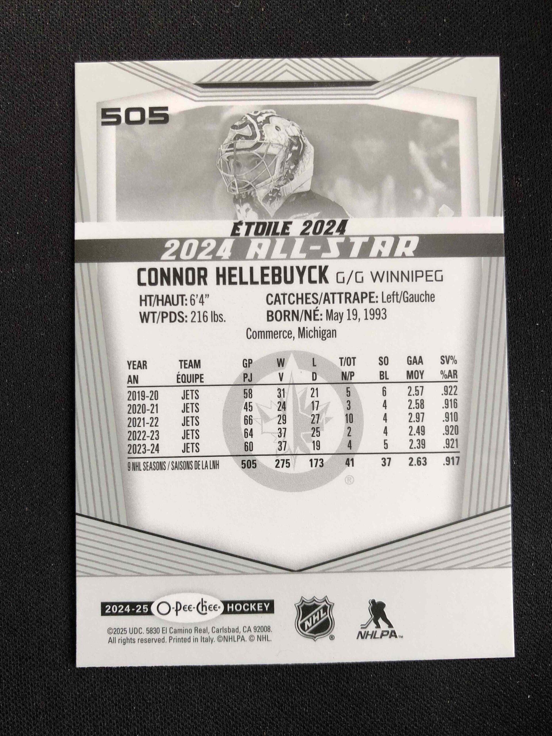 2024/2025 Upper Deck O-Pee-Chee Base 505 Connor Hellebuyck - Obrázek 2