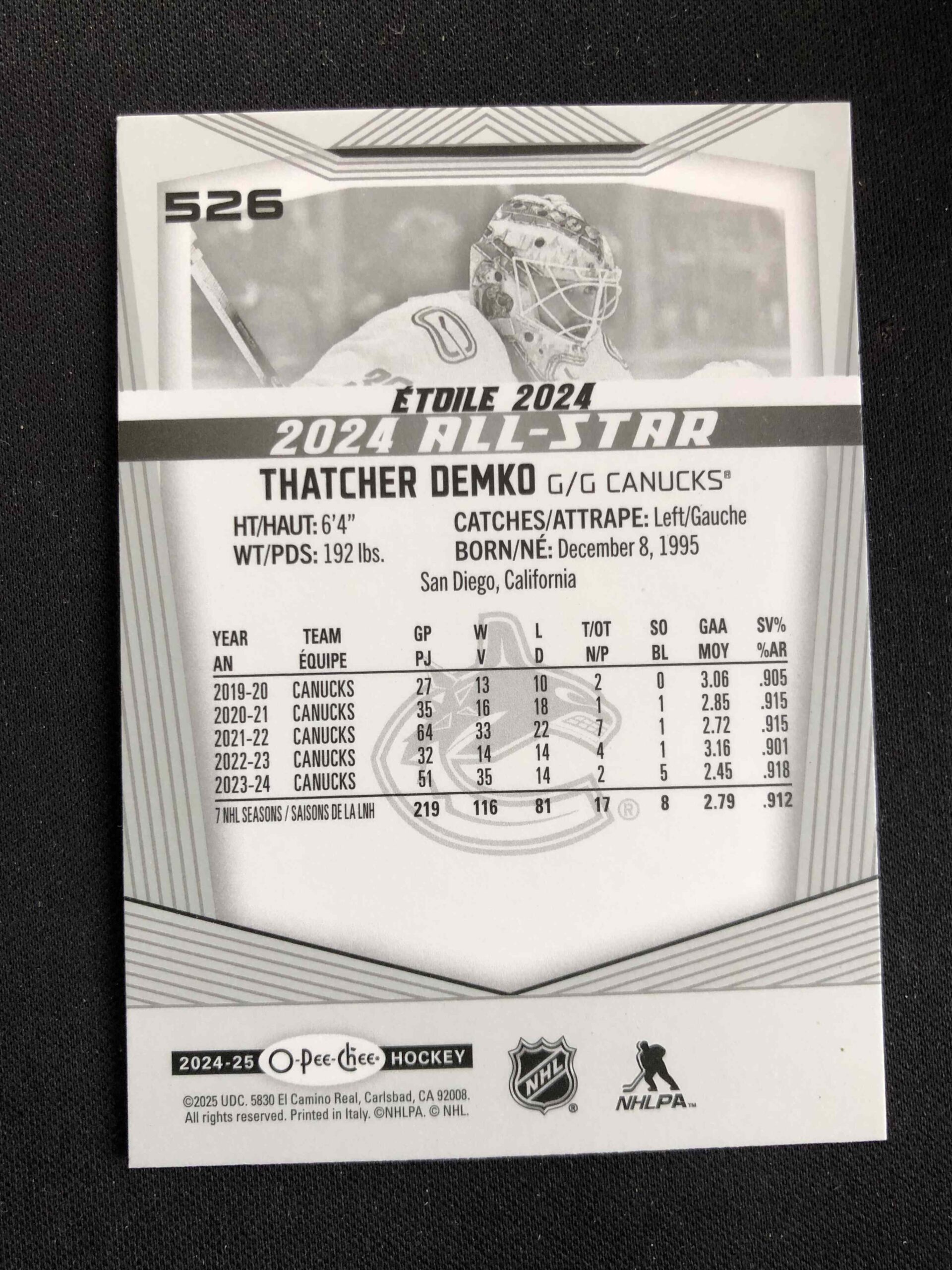 2024/2025 Upper Deck O-Pee-Chee Base 526 Thatcher Demko - Obrázek 2