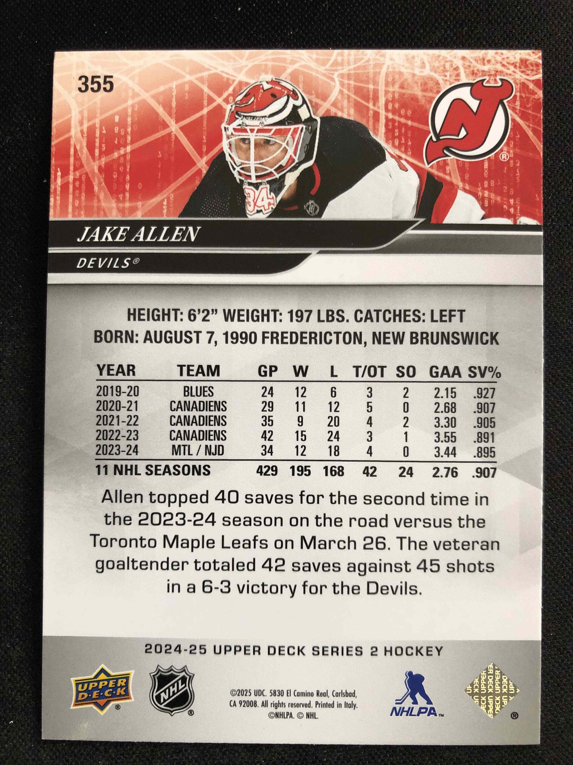 2024/2025 Upper Deck Series 2 Base 355 Jake Allen - Obrázek 2