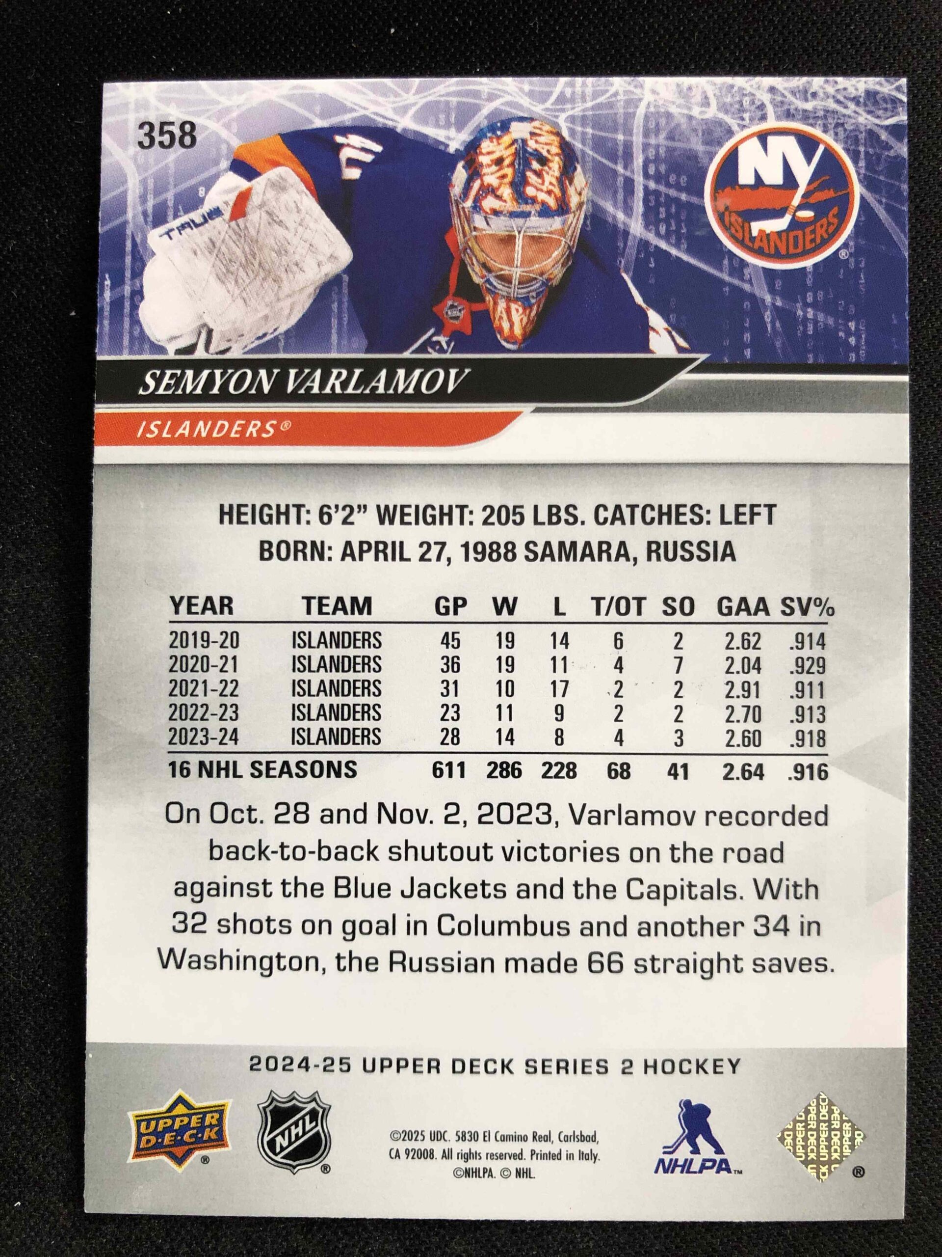 2024/2025 Upper Deck Series 2 Base 358 Semyon Varlamov - Obrázek 2