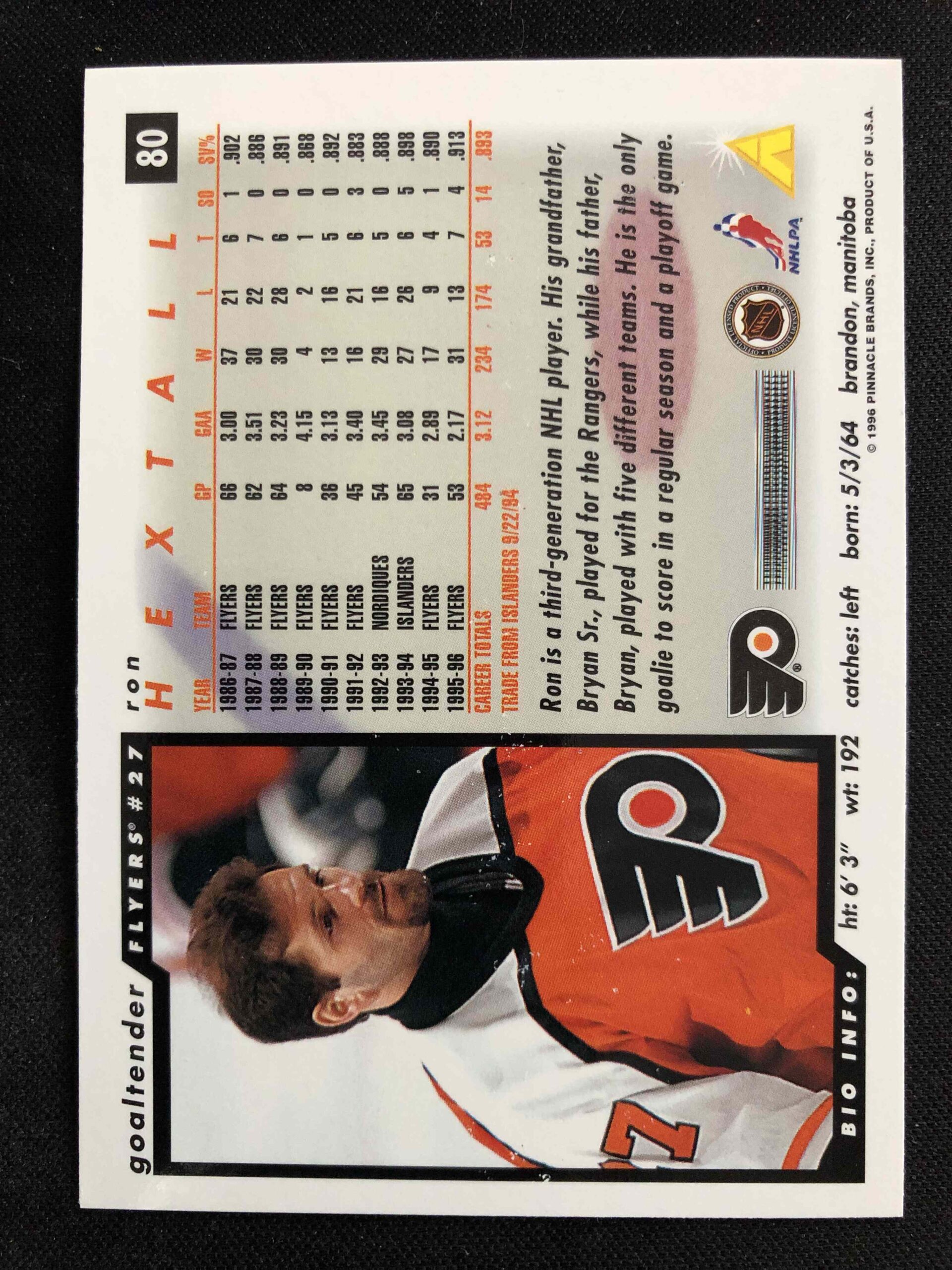 1996/1997 Pinnacle Score Base 80 Ron Hextall - Obrázek 2