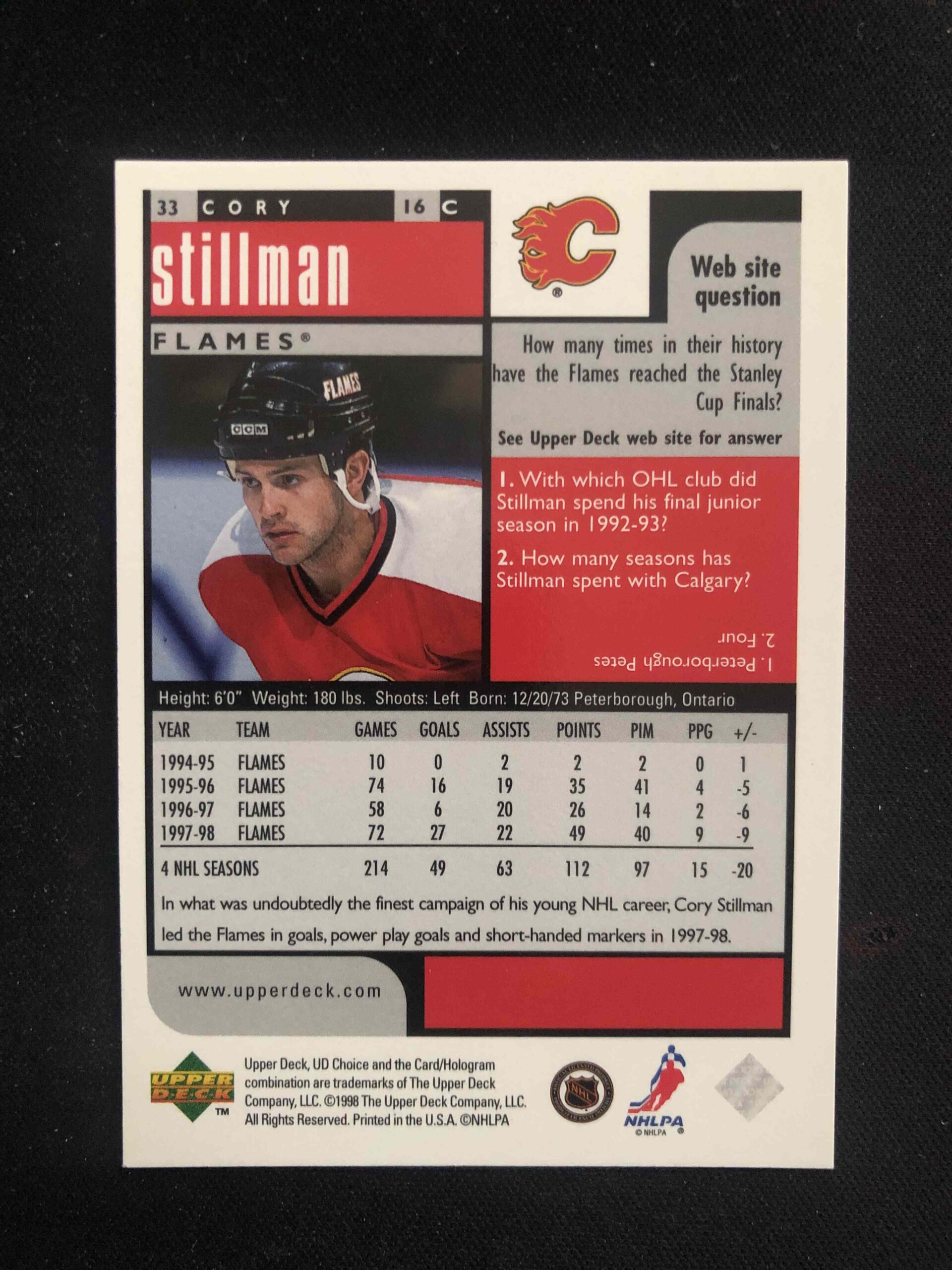 1998/1999 Upper Deck UD Choice Base 33 Cory Stillman - Obrázek 2
