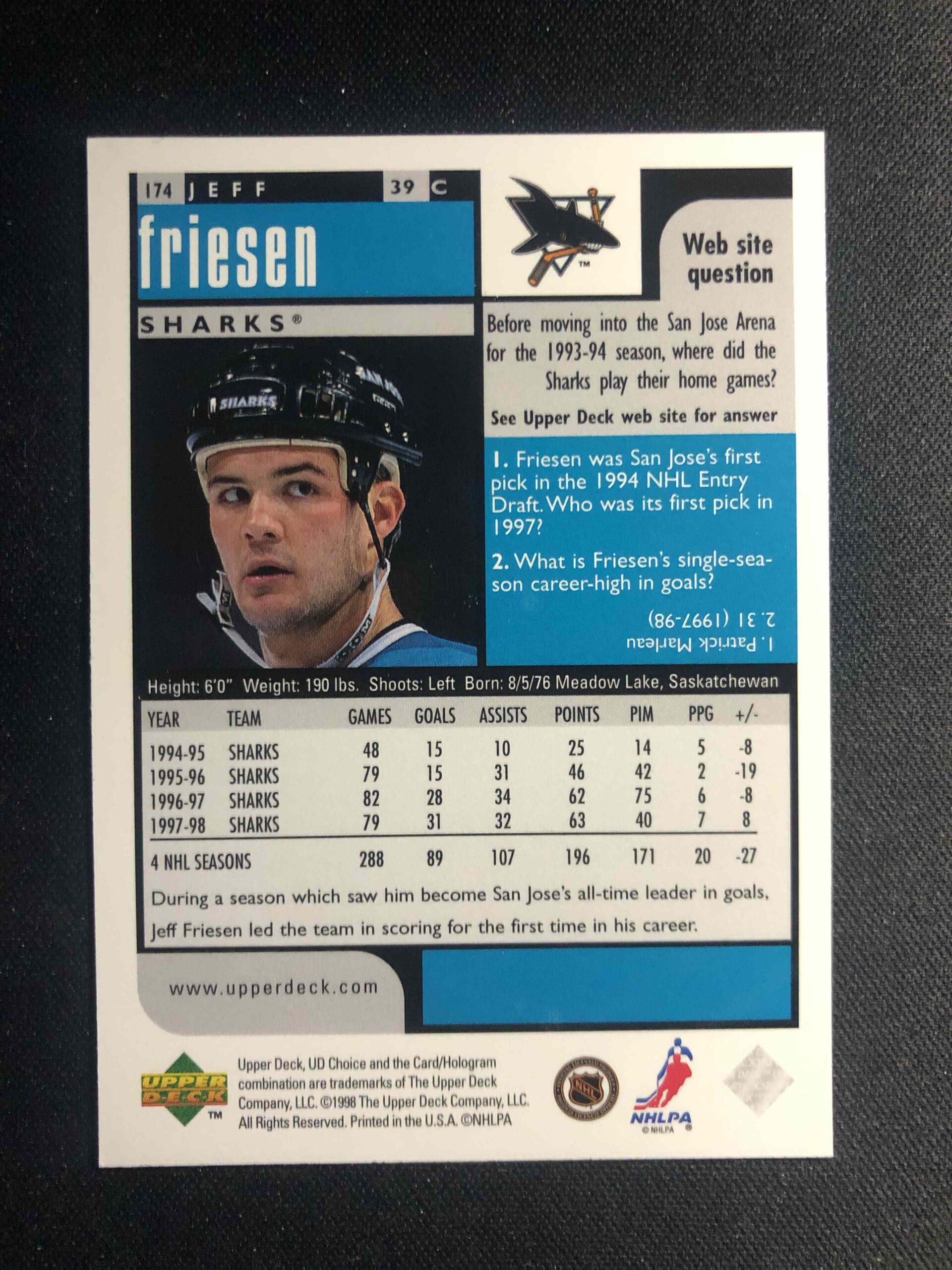 1998/1999 Upper Deck UD Choice Base 174 Jeff Friesen - Obrázek 2