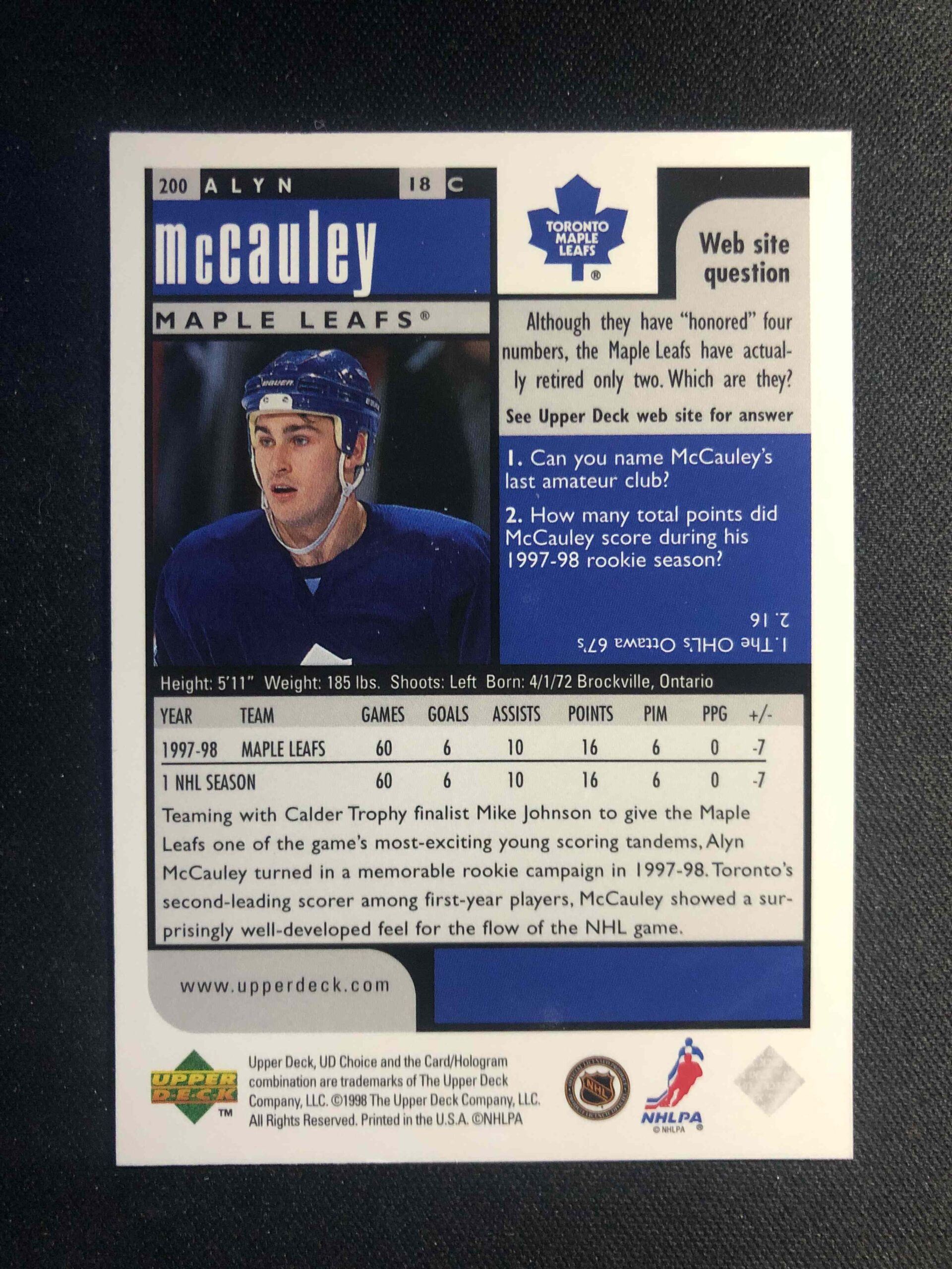 1998/1999 Upper Deck UD Choice Base 200 Alyn McCauley - Obrázek 2