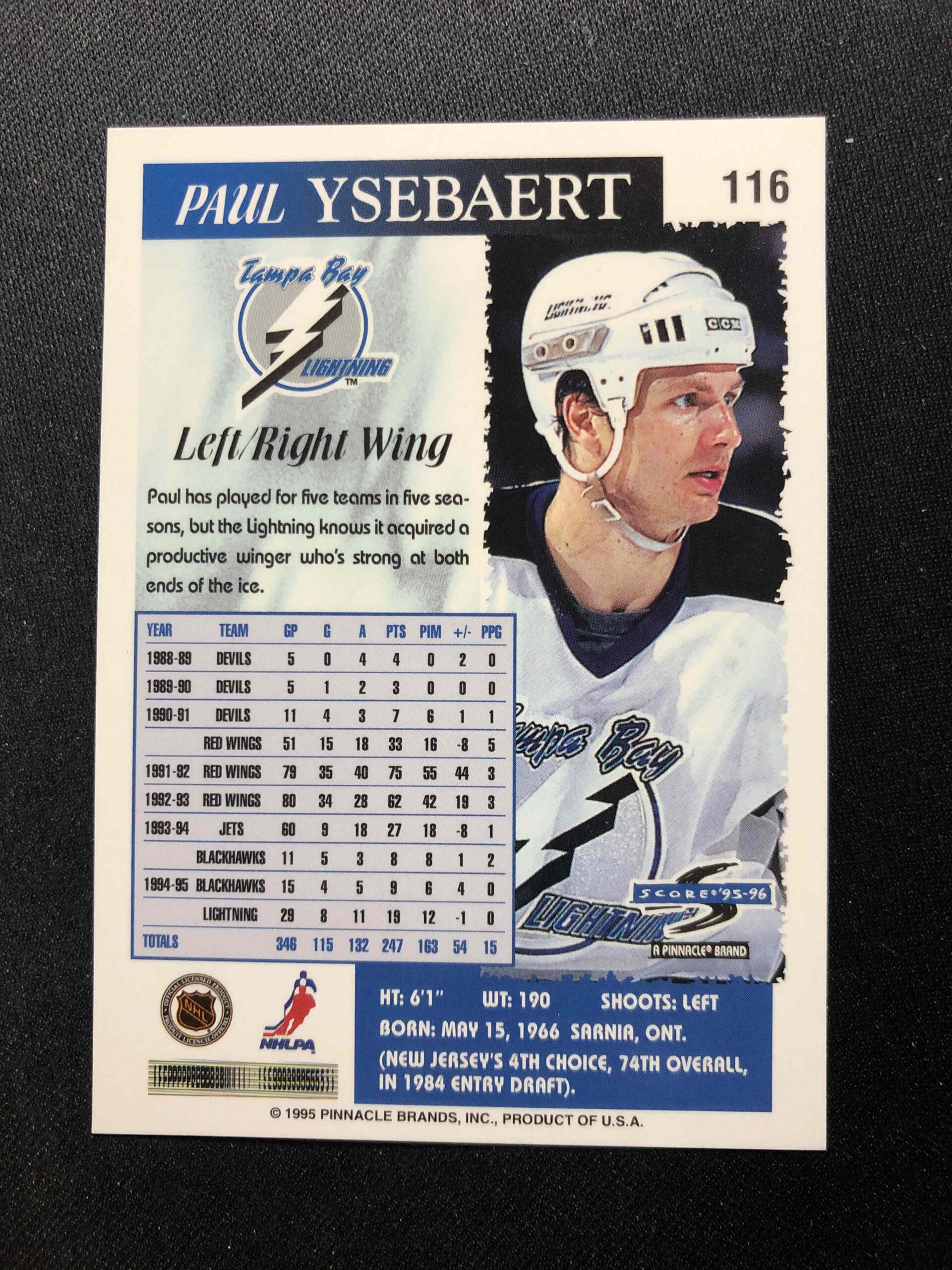 1995/1996 Pinnacle Score Base 116 Paul Ysebaert - Obrázek 2