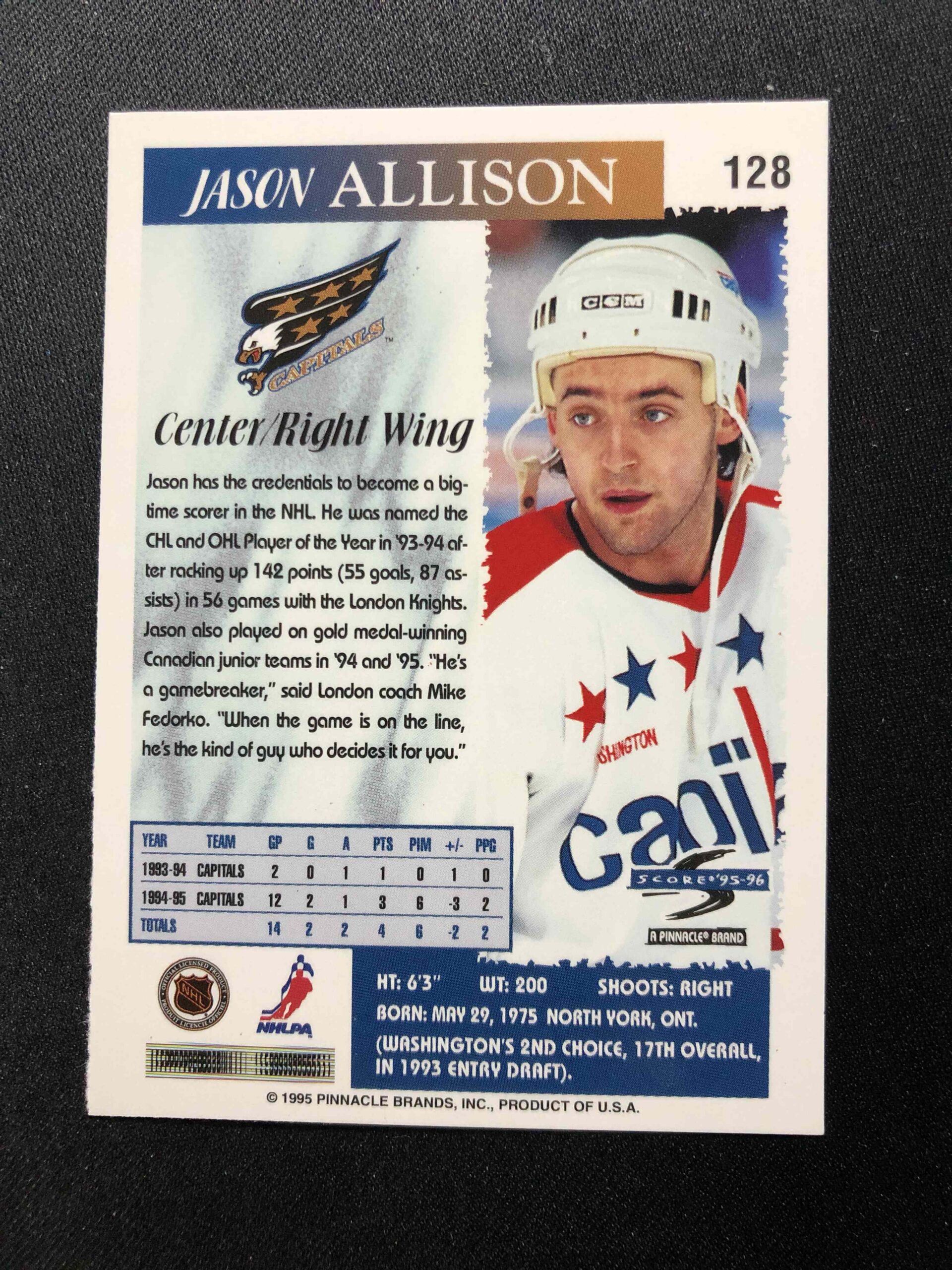 1995/1996 Pinnacle Score Base 128 Jason Allison - Obrázek 2