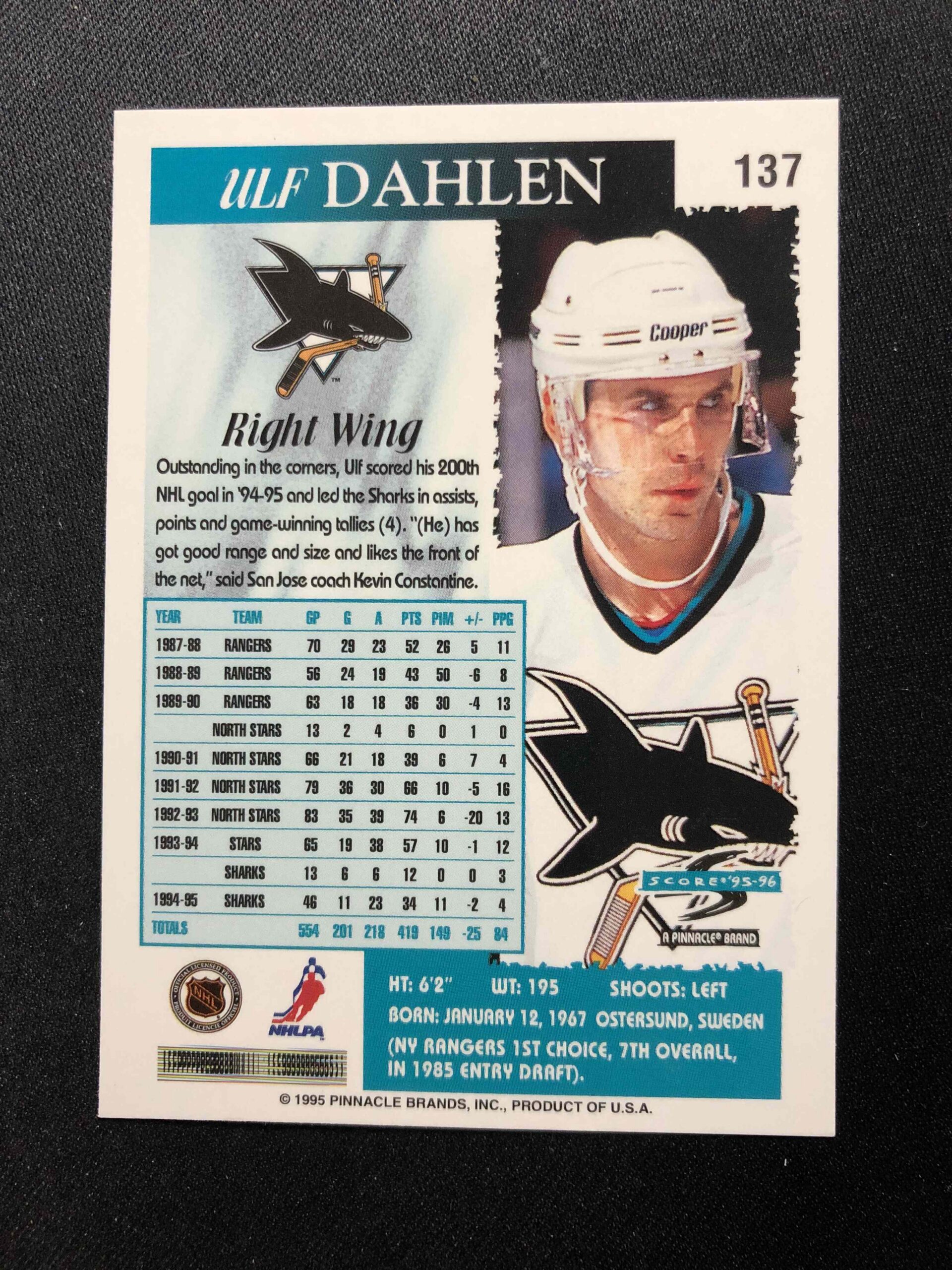 1995/1996 Pinnacle Score Base 137 Ulf Dahlen - Obrázek 2