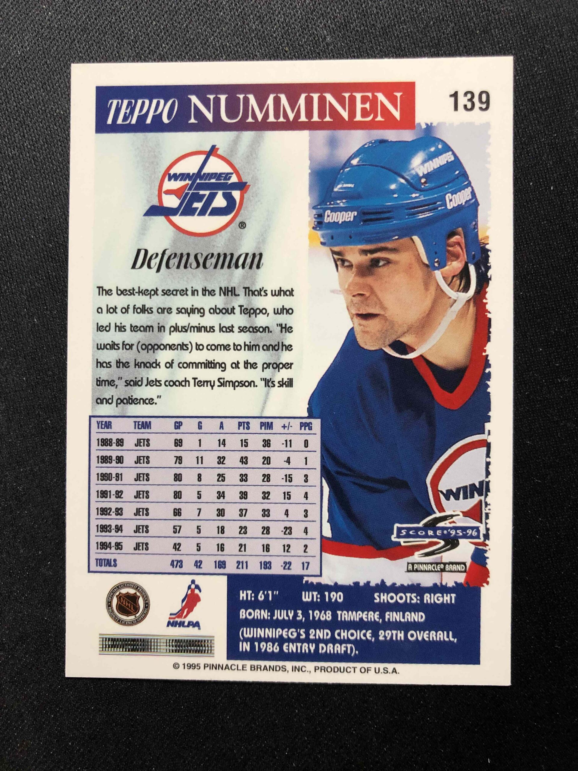 1995/1996 Pinnacle Score Base 139 Teppo Numminen - Obrázek 2