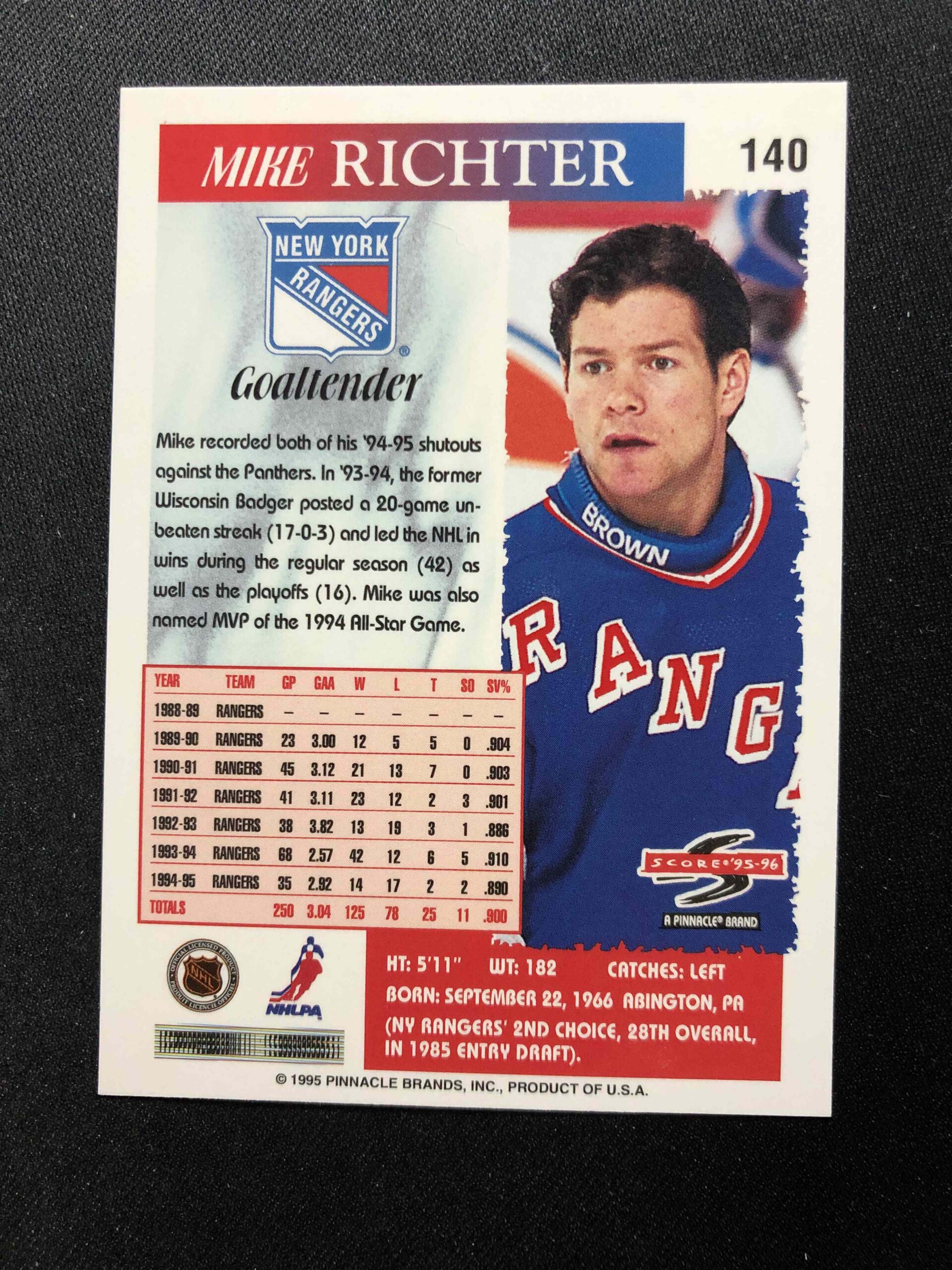 1995/1996 Pinnacle Score Base 140 Mike Richter - Obrázek 2