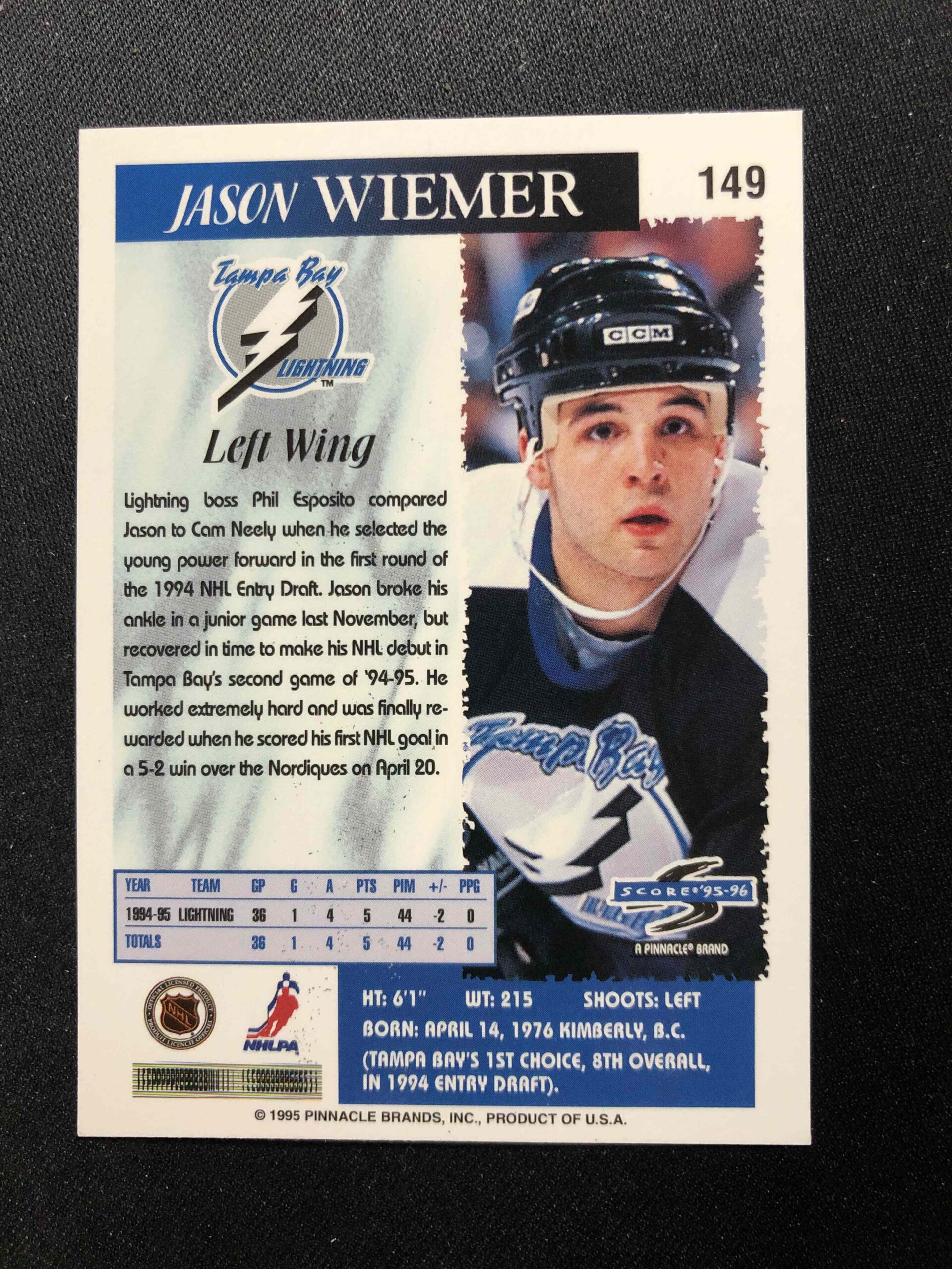 1995/1996 Pinnacle Score Base 149 Jason Wiemer - Obrázek 2