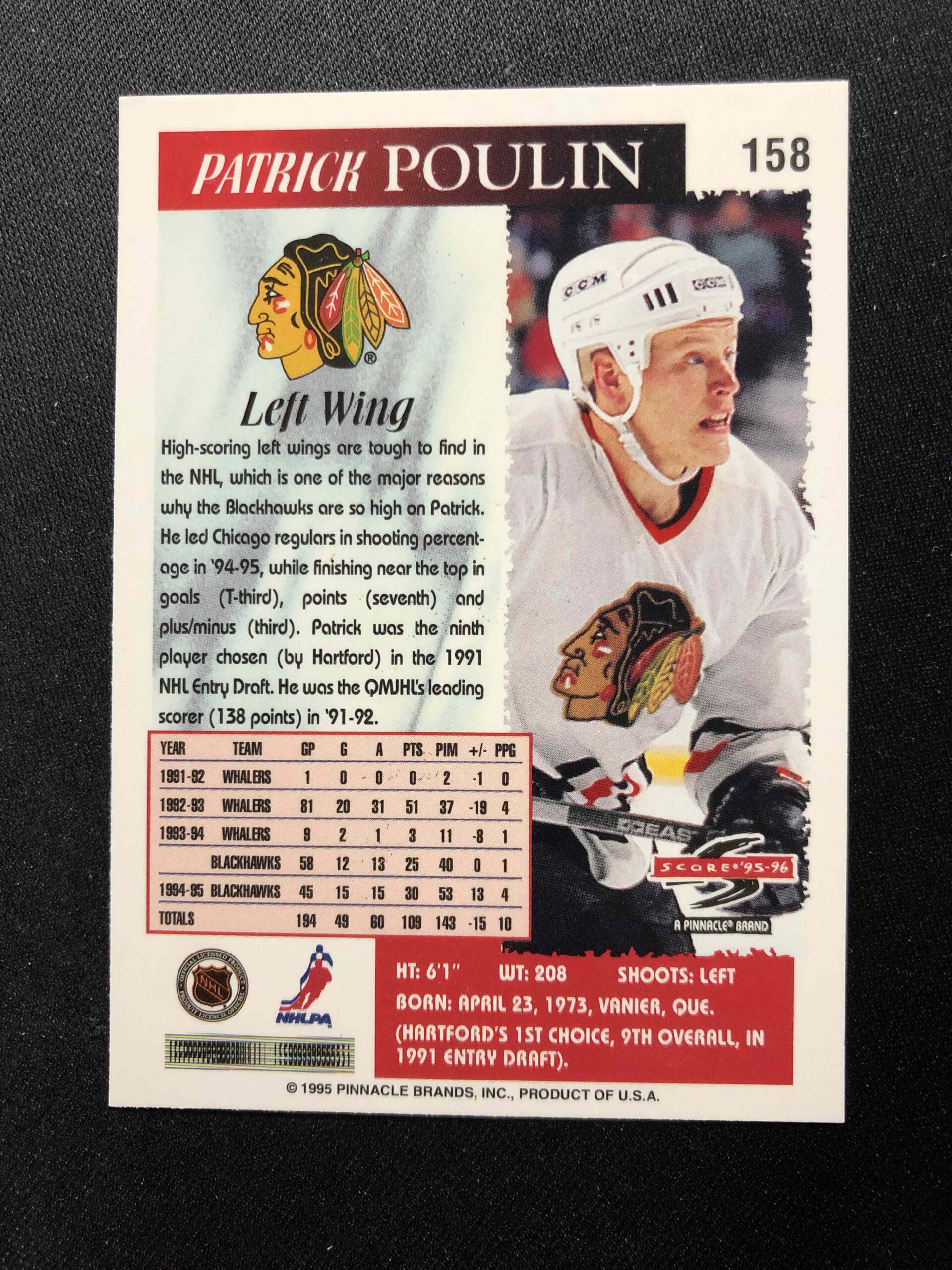 1995/1996 Pinnacle Score Base 158 Patrick Poulin - Obrázek 2