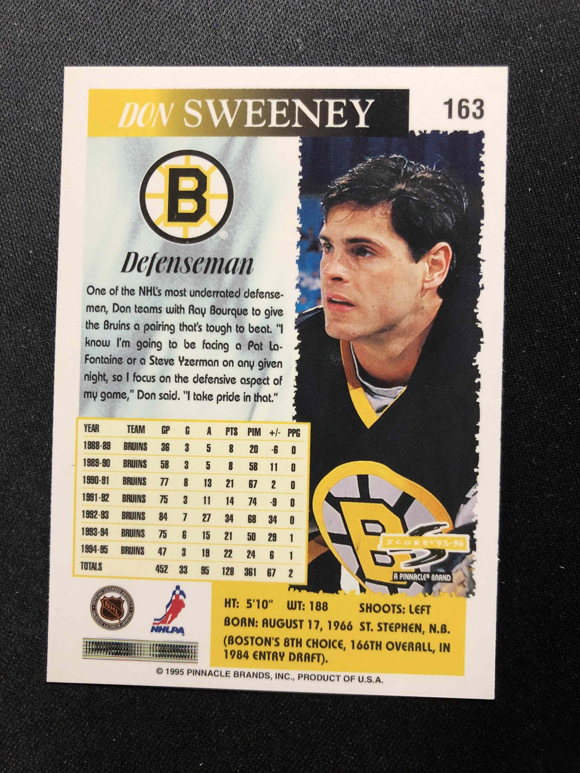 1995/1996 Pinnacle Score Base 163 Don Sweeney - Obrázek 2