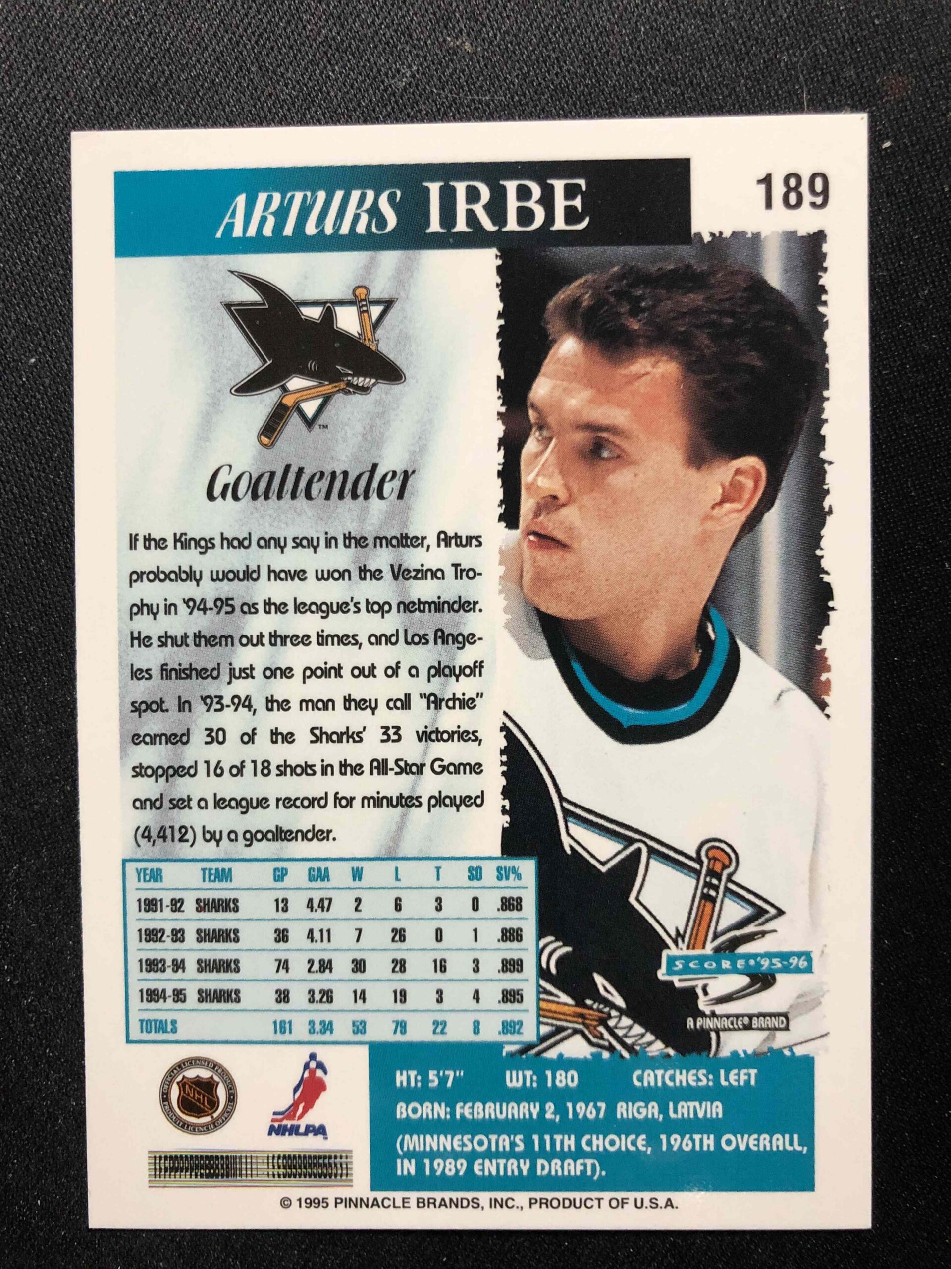 1995/1996 Pinnacle Score Base 189 Arturs Irbe - Obrázek 2
